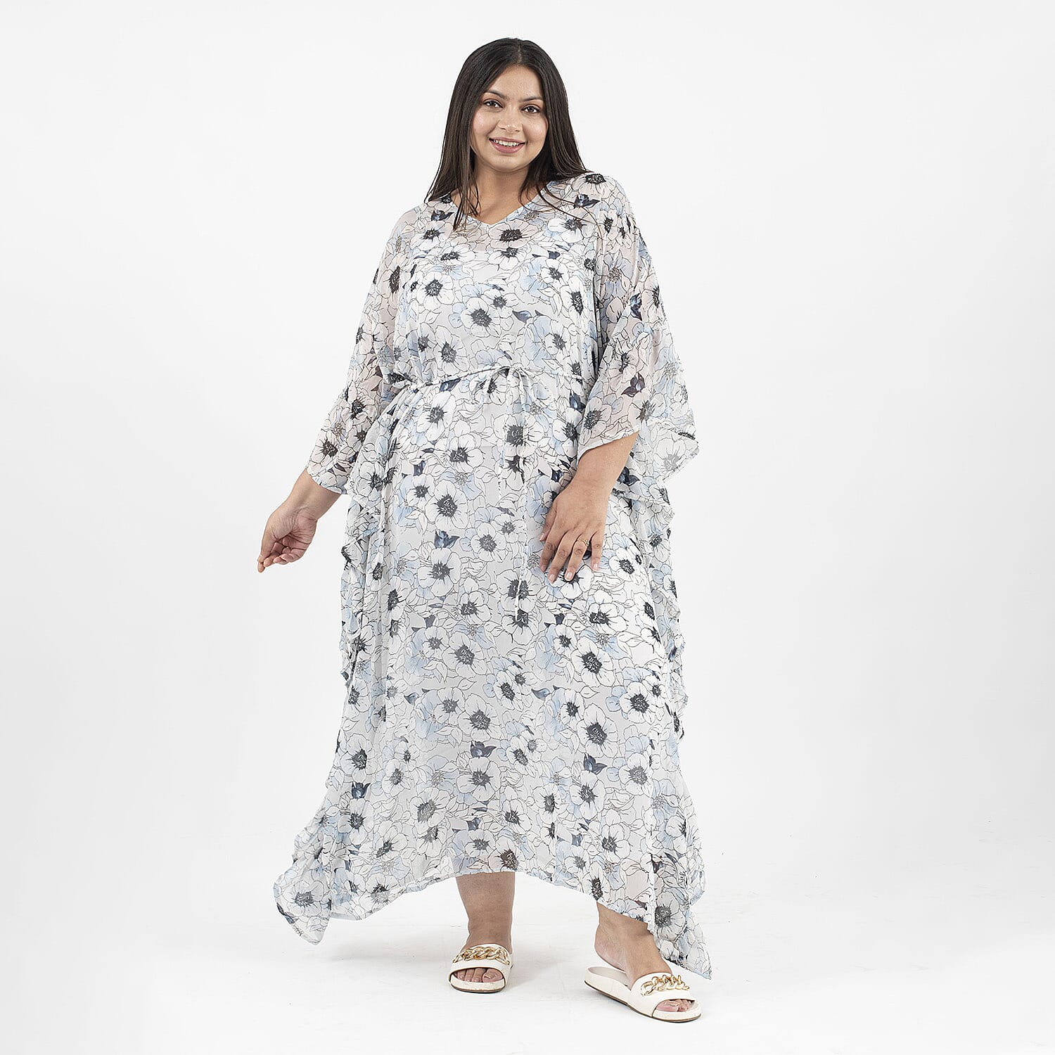 TAMSY Kaftan With Waist Tie Drawstring & Ruffle Hem (Size - One Size) - Grey