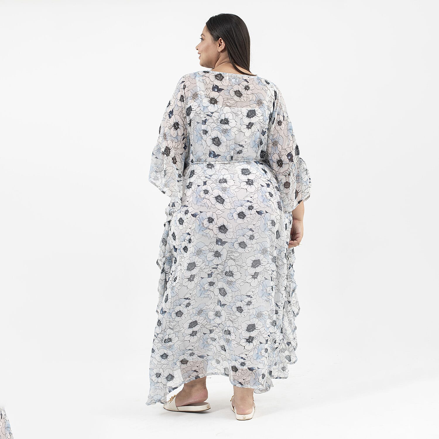 TAMSY Kaftan With Waist Tie Drawstring & Ruffle Hem (Size - One Size) - Grey