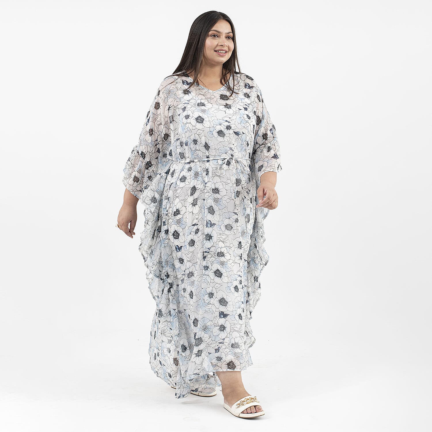 TAMSY Kaftan With Waist Tie Drawstring & Ruffle Hem (Size - One Size) - Grey