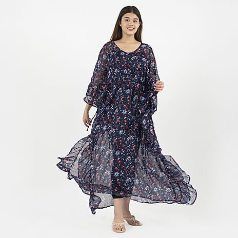 TAMSY Kaftan With Waist Tie Drawstring & Ruffle Hem (Size - One Size) - Navy