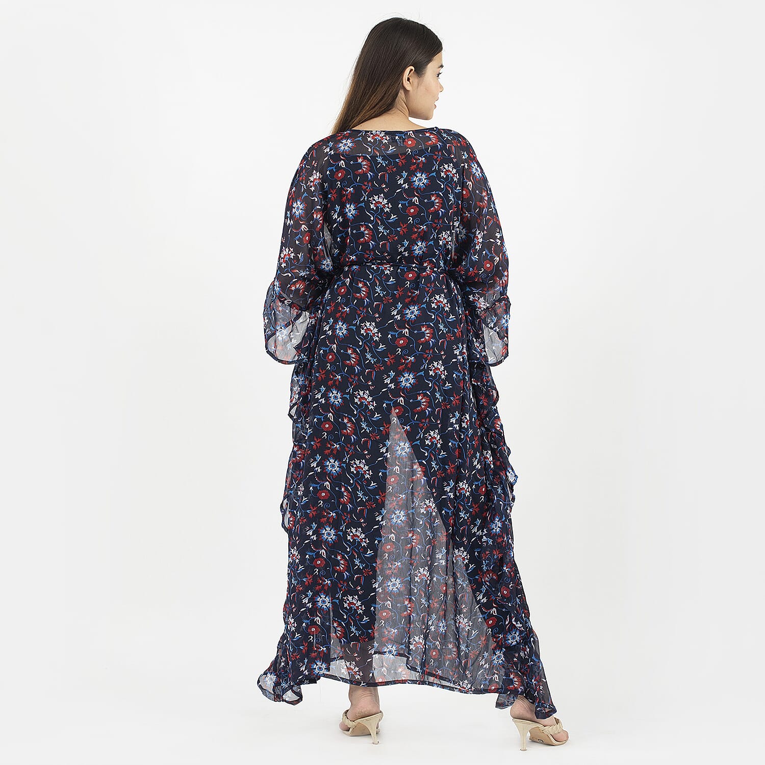 TAMSY Kaftan With Waist Tie Drawstring & Ruffle Hem (Size - One Size) - Navy