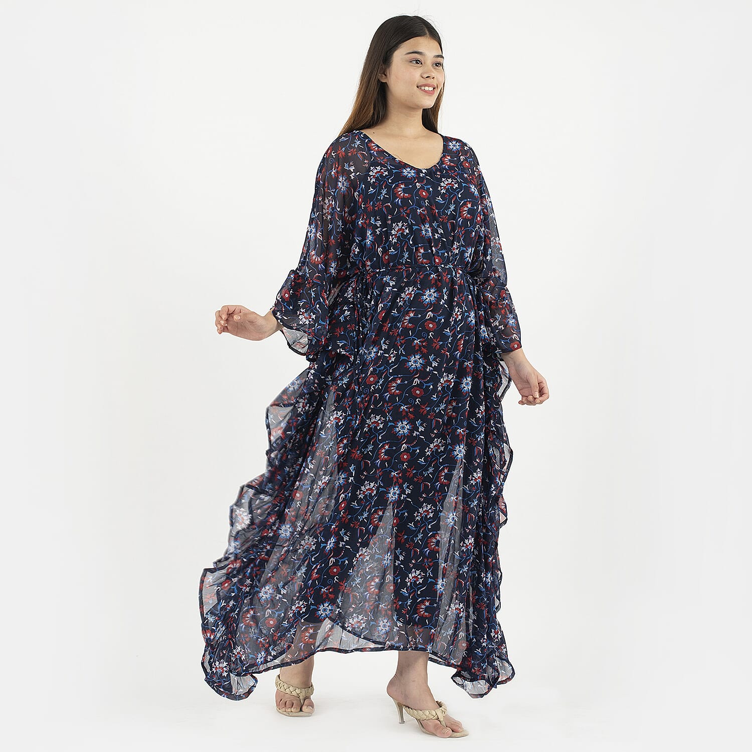 TAMSY Kaftan With Waist Tie Drawstring & Ruffle Hem (Size - One Size) - Navy
