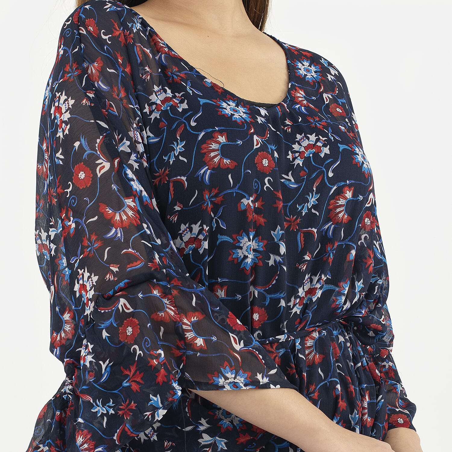 TAMSY Kaftan With Waist Tie Drawstring & Ruffle Hem (Size - One Size) - Navy