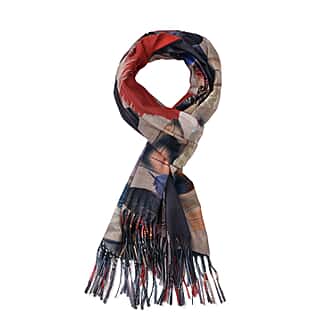 Feather Pattern Scarf with Tassel (Size 182x75 Cm) - Red & Multi