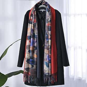 Feather Pattern Scarf with Tassel (Size 182x75 Cm) - Red & Multi