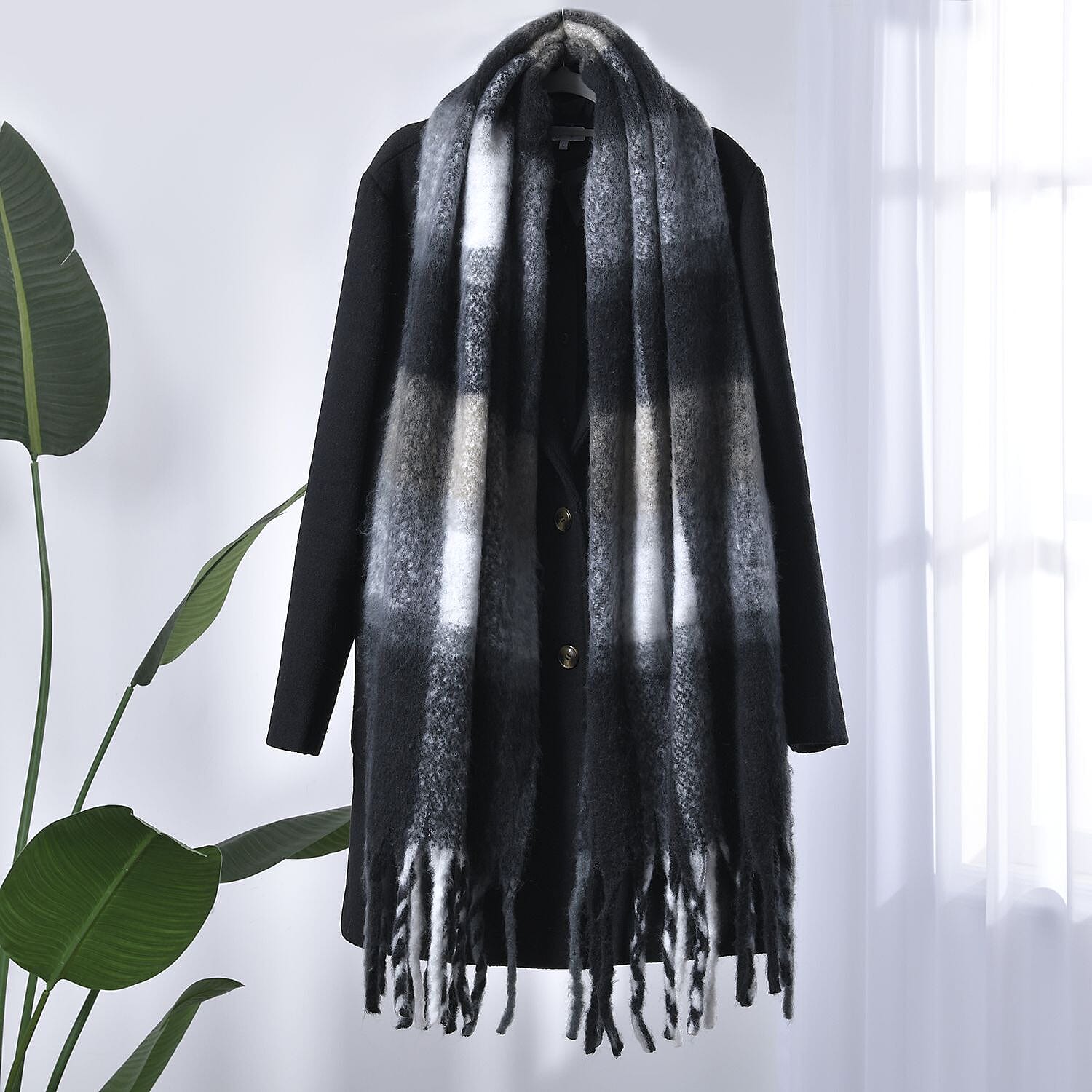 Check Pattern Scarf with Tassel (Size 182x75 Cm) - Black & Grey