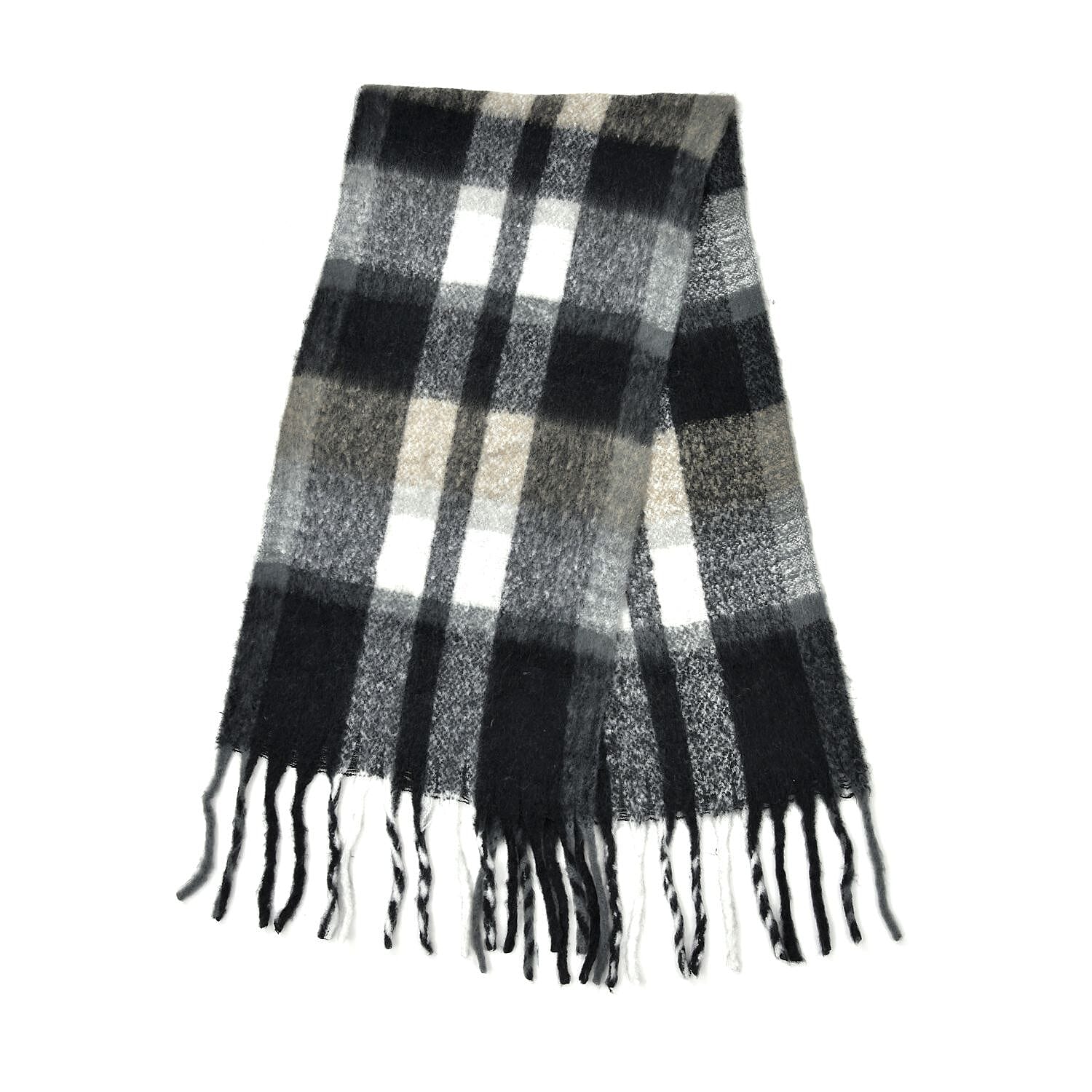 Check Pattern Scarf with Tassel (Size 182x75 Cm) - Black & Grey