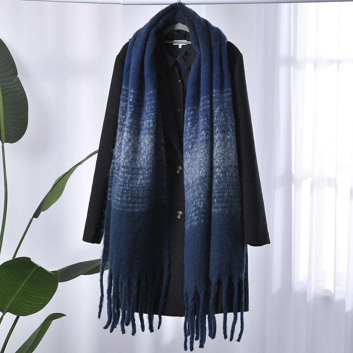 Check Pattern Scarf with Tassel (Size 182x75 Cm) - Blue & Grey