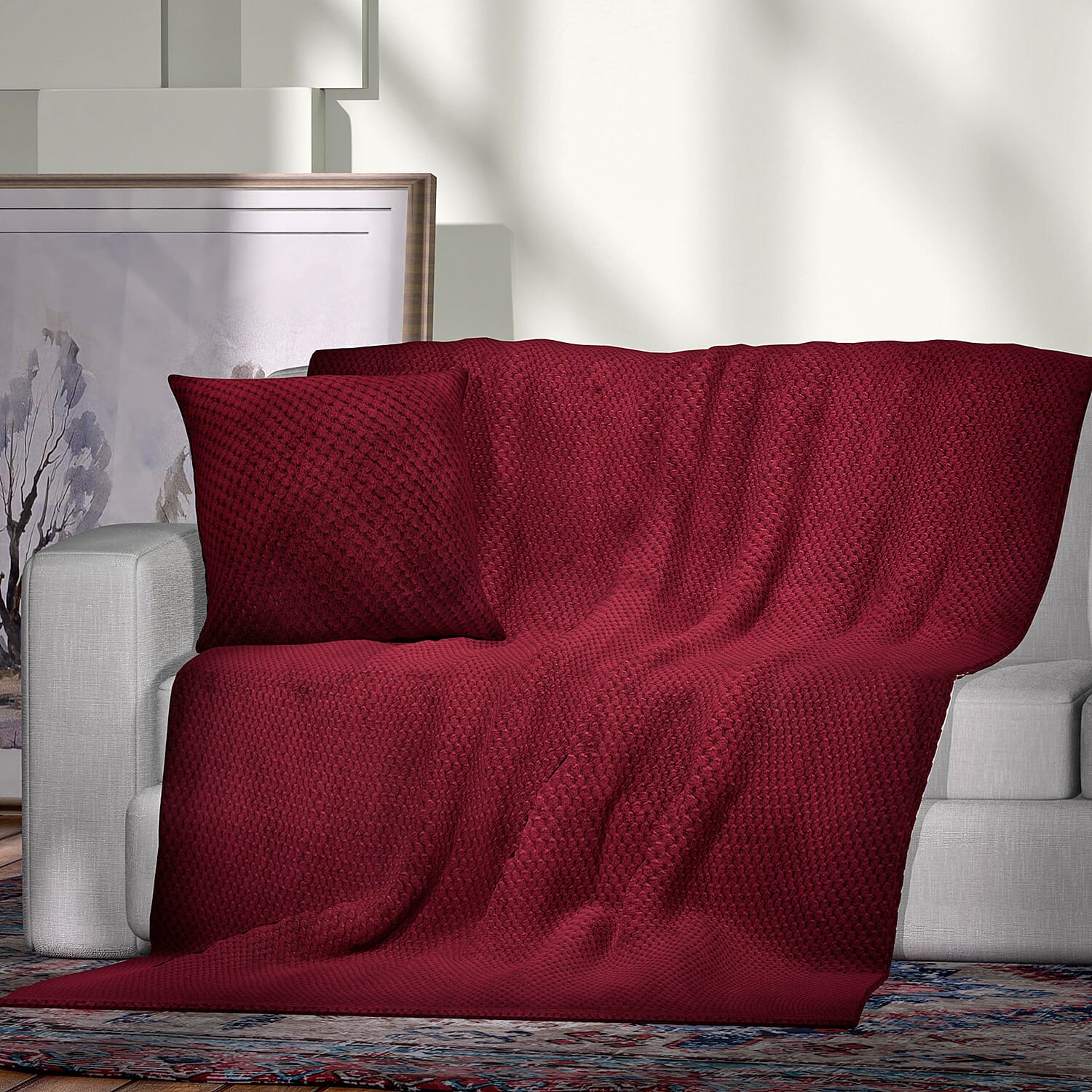 Set of 2 - Plush Jacquared Blanket with Cushion (Size 200x150 Cm) - Maroon