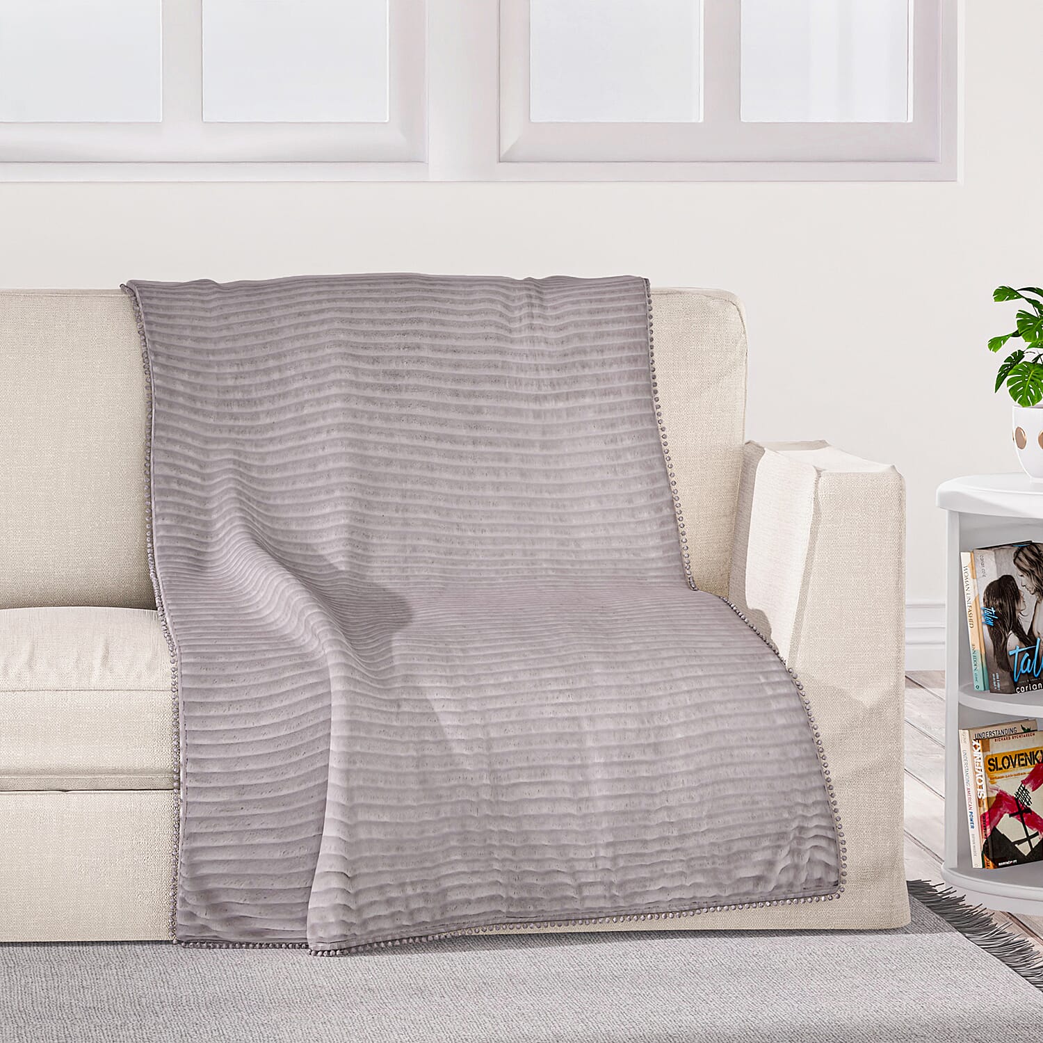Season Launch Stripe Flannel Blanket with Pompom Border (Size 210x150 cm) - Grey