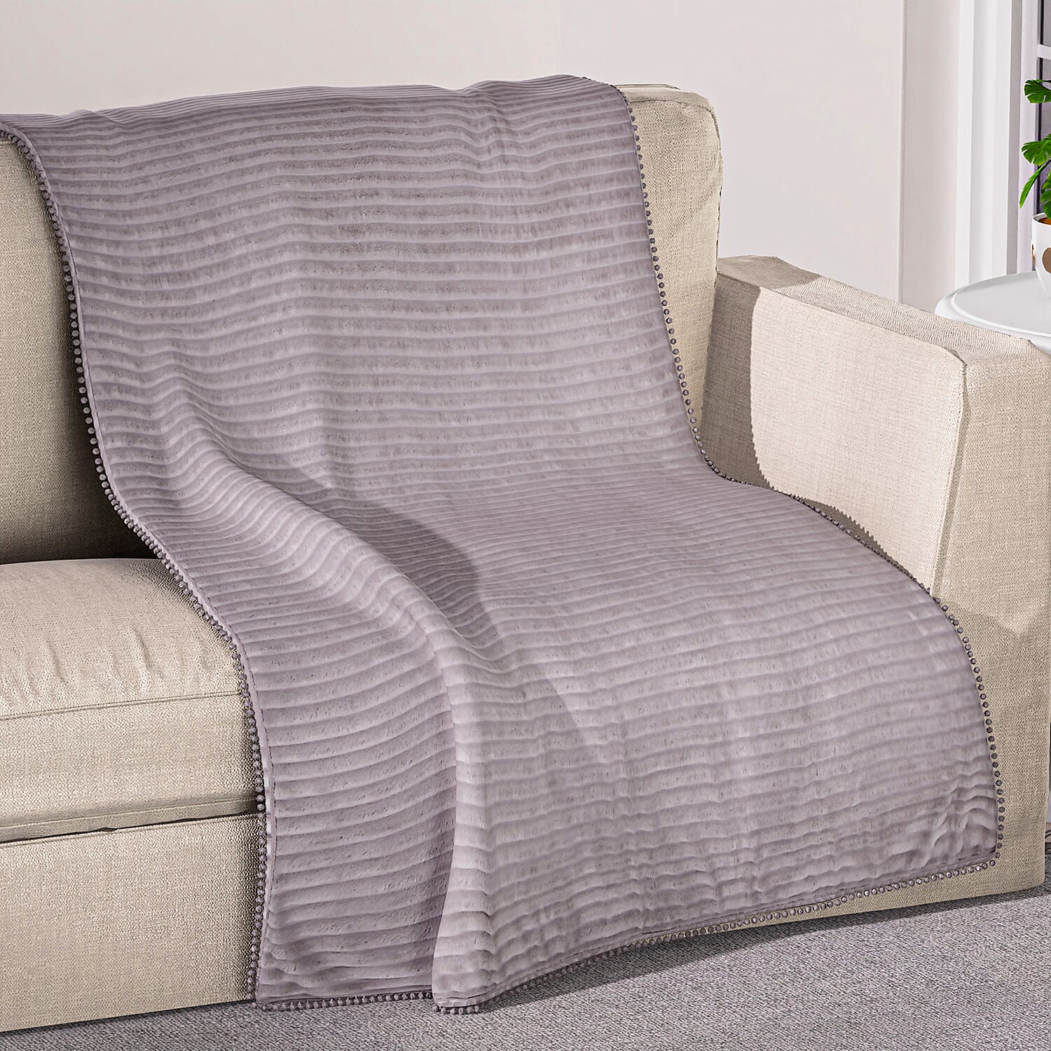 Season Launch Stripe Flannel Blanket with Pompom Border (Size 210x150 cm) - Grey