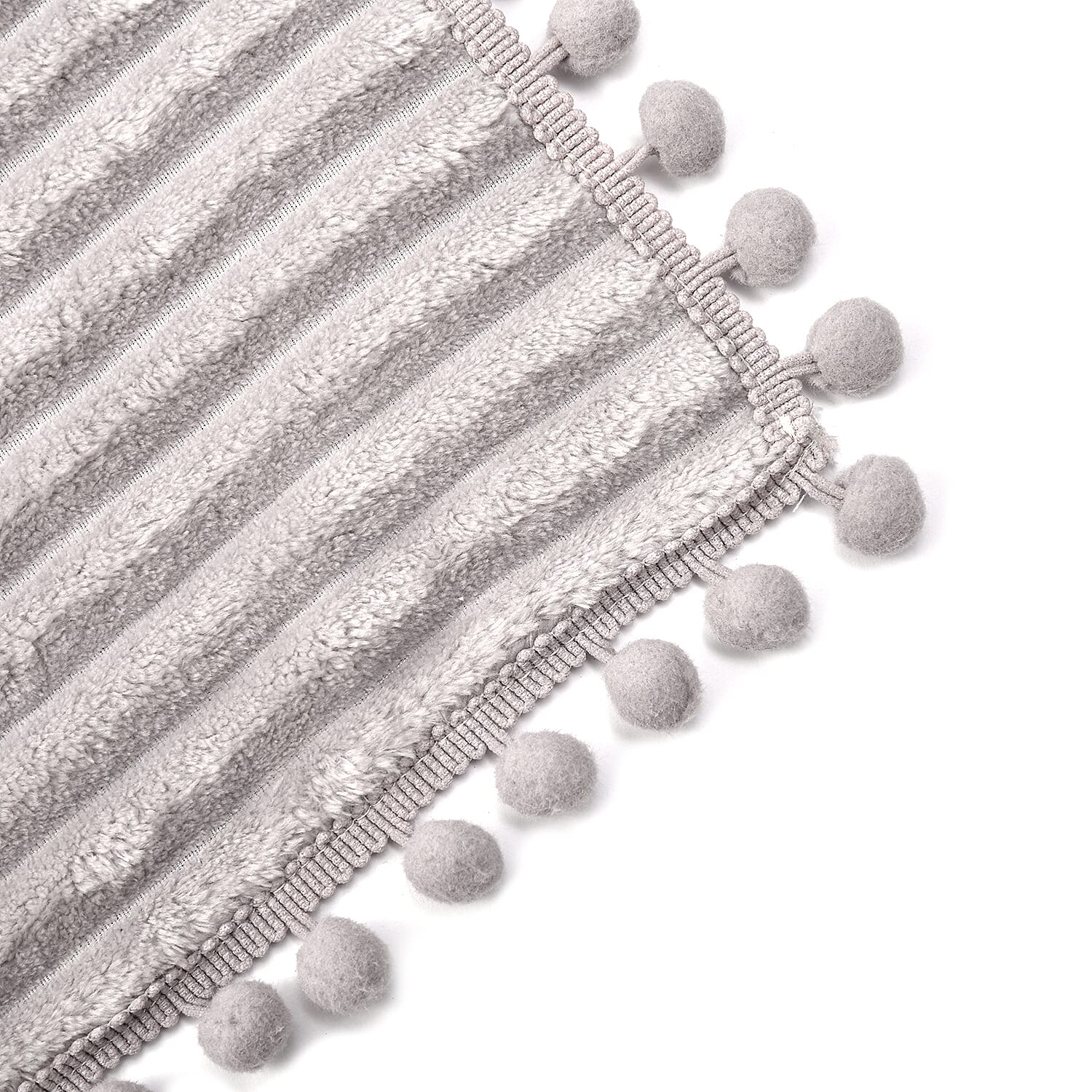 Season Launch Stripe Flannel Blanket with Pompom Border (Size 210x150 cm) - Grey