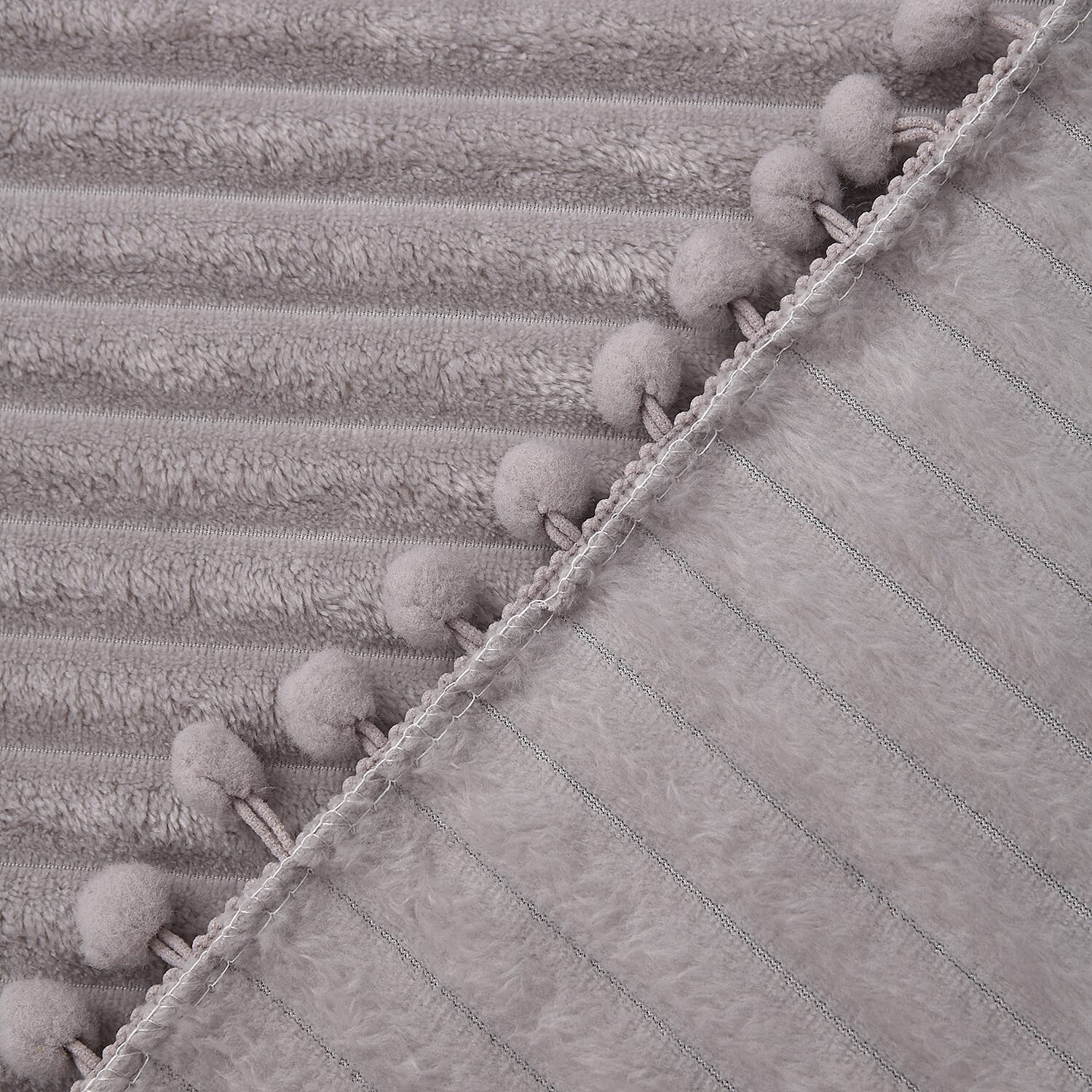 Season Launch Stripe Flannel Blanket with Pompom Border (Size 210x150 cm) - Grey