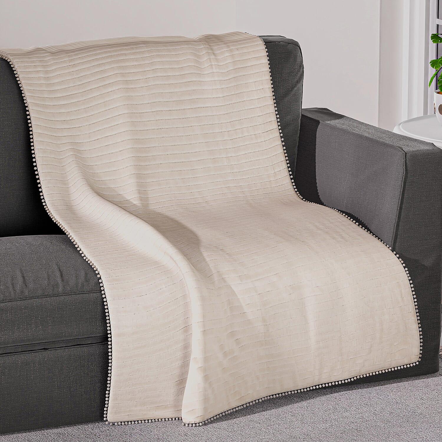 Season Launch Stripe Flannel Blanket with Pompom Border (Size 210x150 cm) - Cream