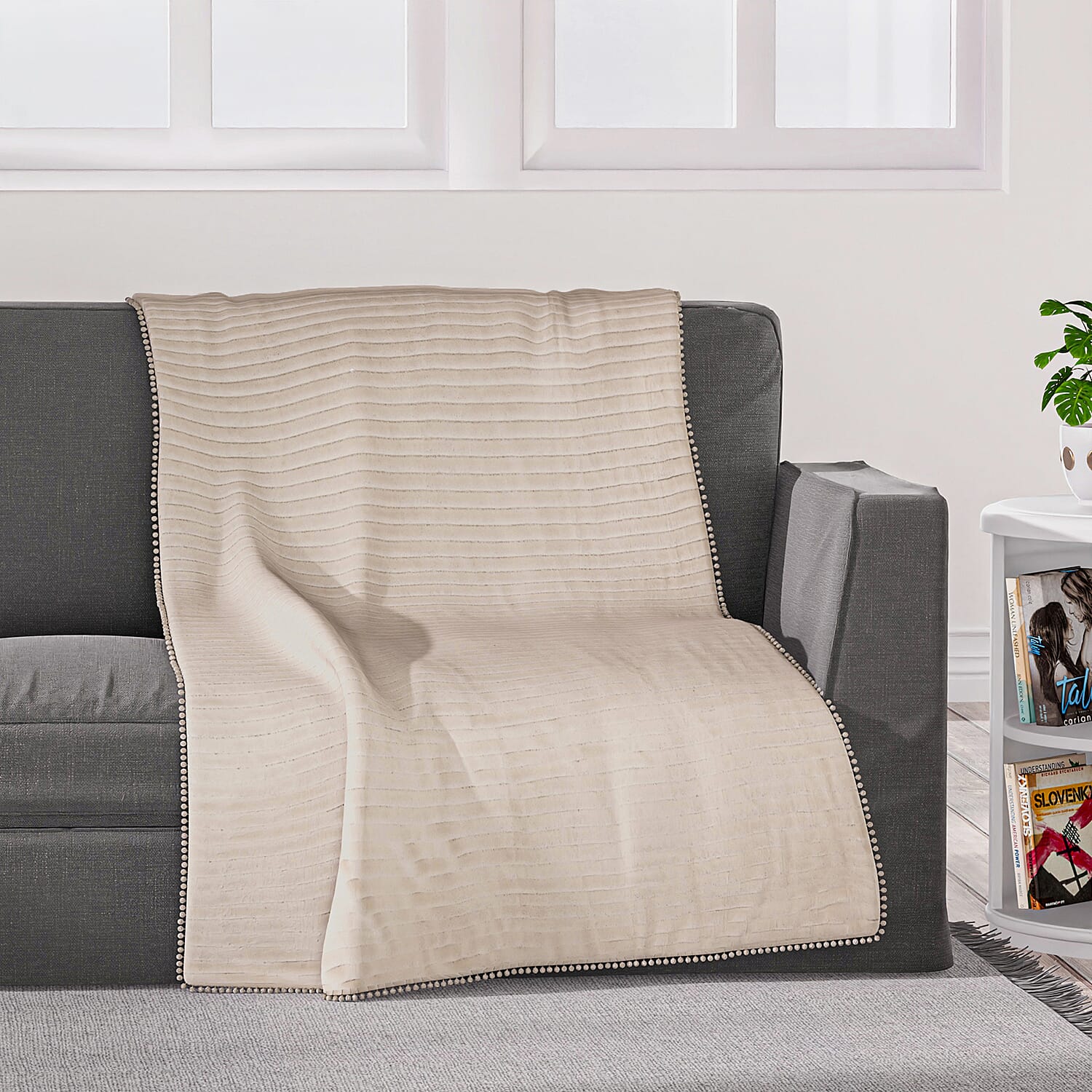 Season Launch Stripe Flannel Blanket with Pompom Border (Size 210x150 cm) - Cream