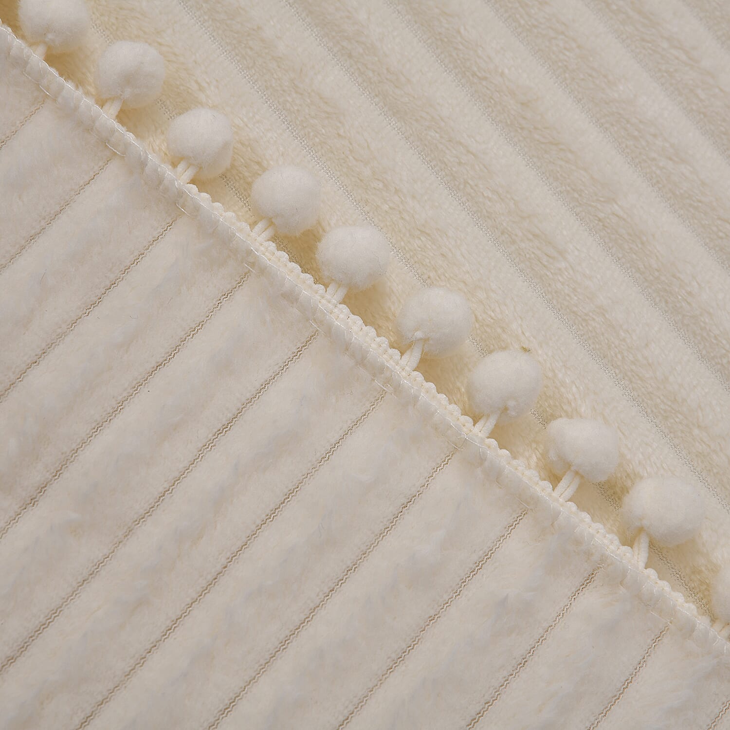 Season Launch Stripe Flannel Blanket with Pompom Border (Size 210x150 cm) - Cream
