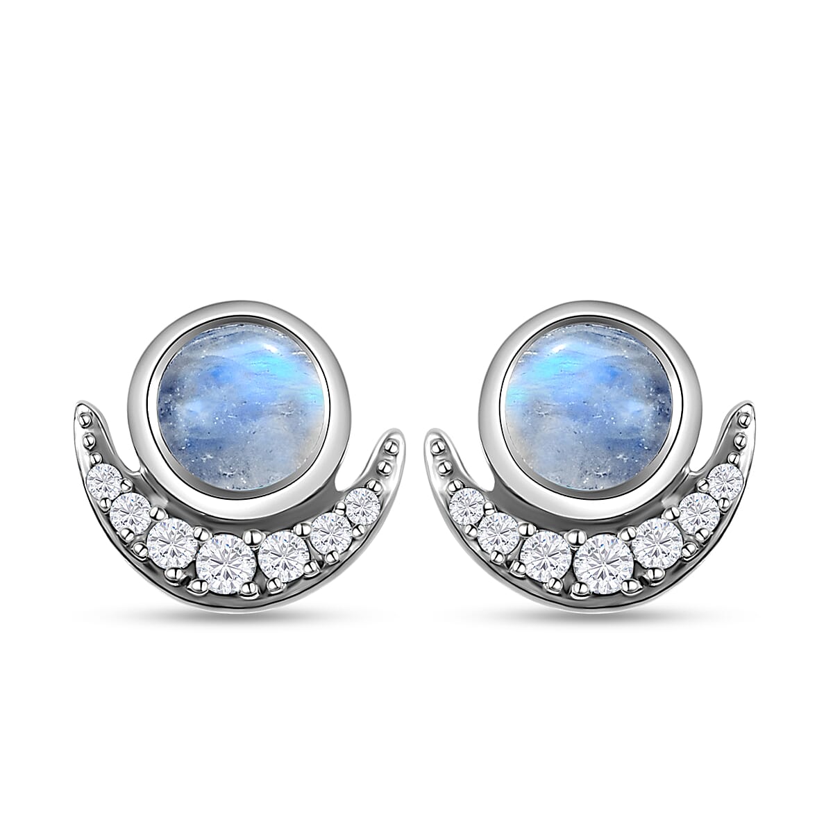 Rainbow Moonstone Stud Earrings with Natural Cambodian Zircon in Platinum Plated Sterling Silver 1.49 Ct.
