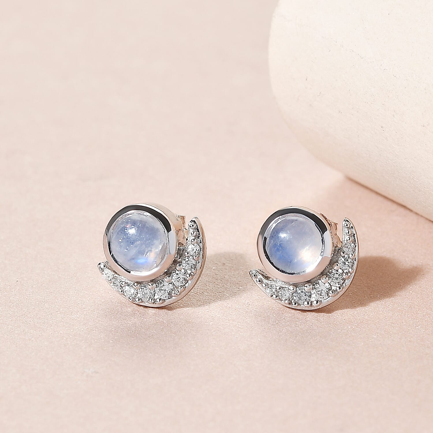 Rainbow Moonstone Stud Earrings with Natural Cambodian Zircon in Platinum Plated Sterling Silver 1.49 Ct.