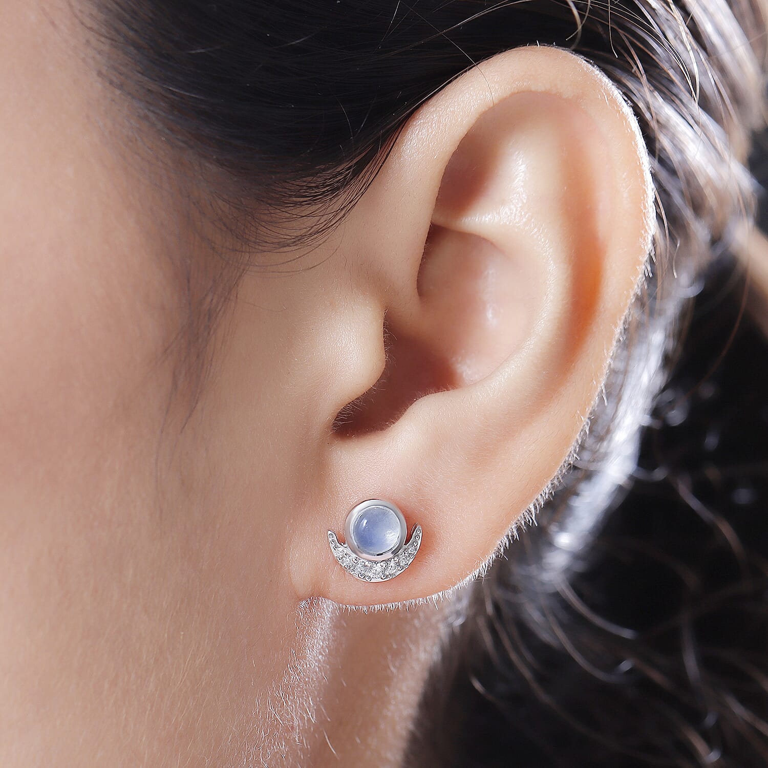 Rainbow Moonstone Stud Earrings with Natural Cambodian Zircon in Platinum Plated Sterling Silver 1.49 Ct.