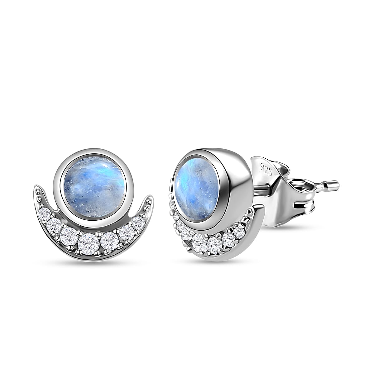 Rainbow Moonstone Stud Earrings with Natural Cambodian Zircon in Platinum Plated Sterling Silver 1.49 Ct.