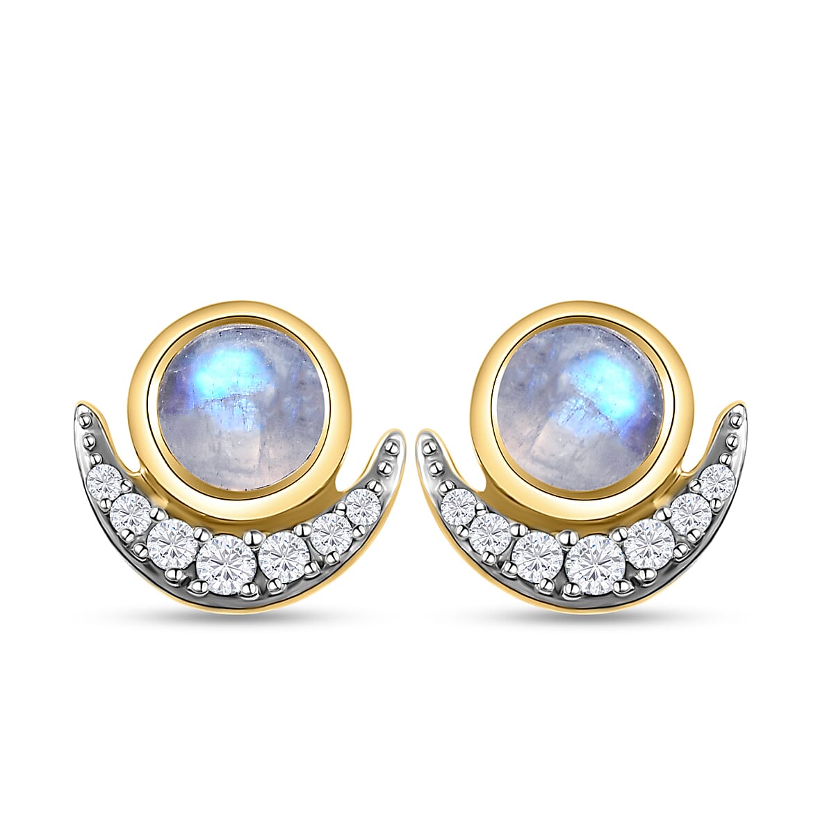Rainbow Moonstone and Natural Zircon Stud Earrings (with Push Back) in 18K Yellow Gold Vermeil Plated Sterling Silver 1.49 Ct.