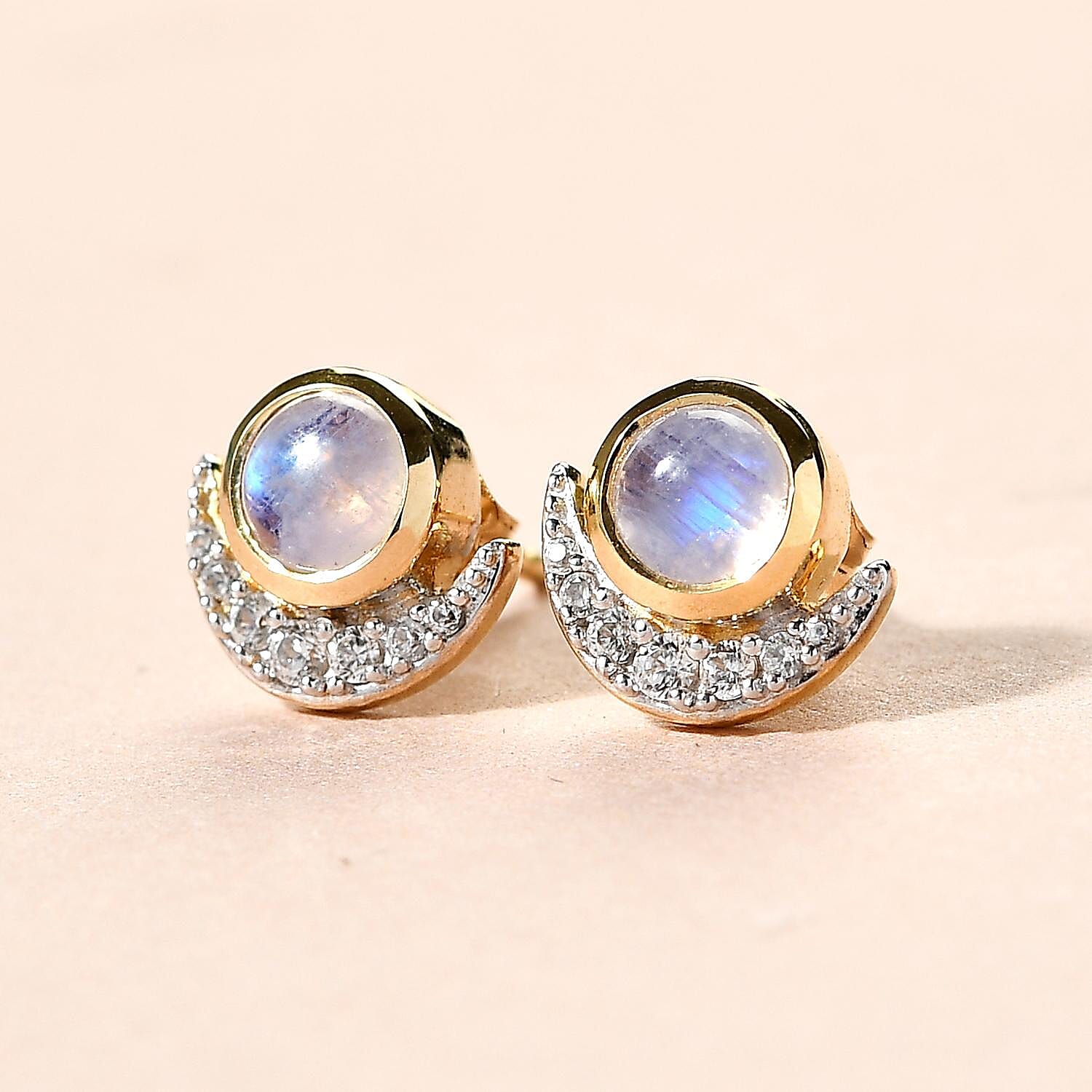 Rainbow Moonstone and Natural Zircon Stud Earrings (with Push Back) in 18K Yellow Gold Vermeil Plated Sterling Silver 1.49 Ct.