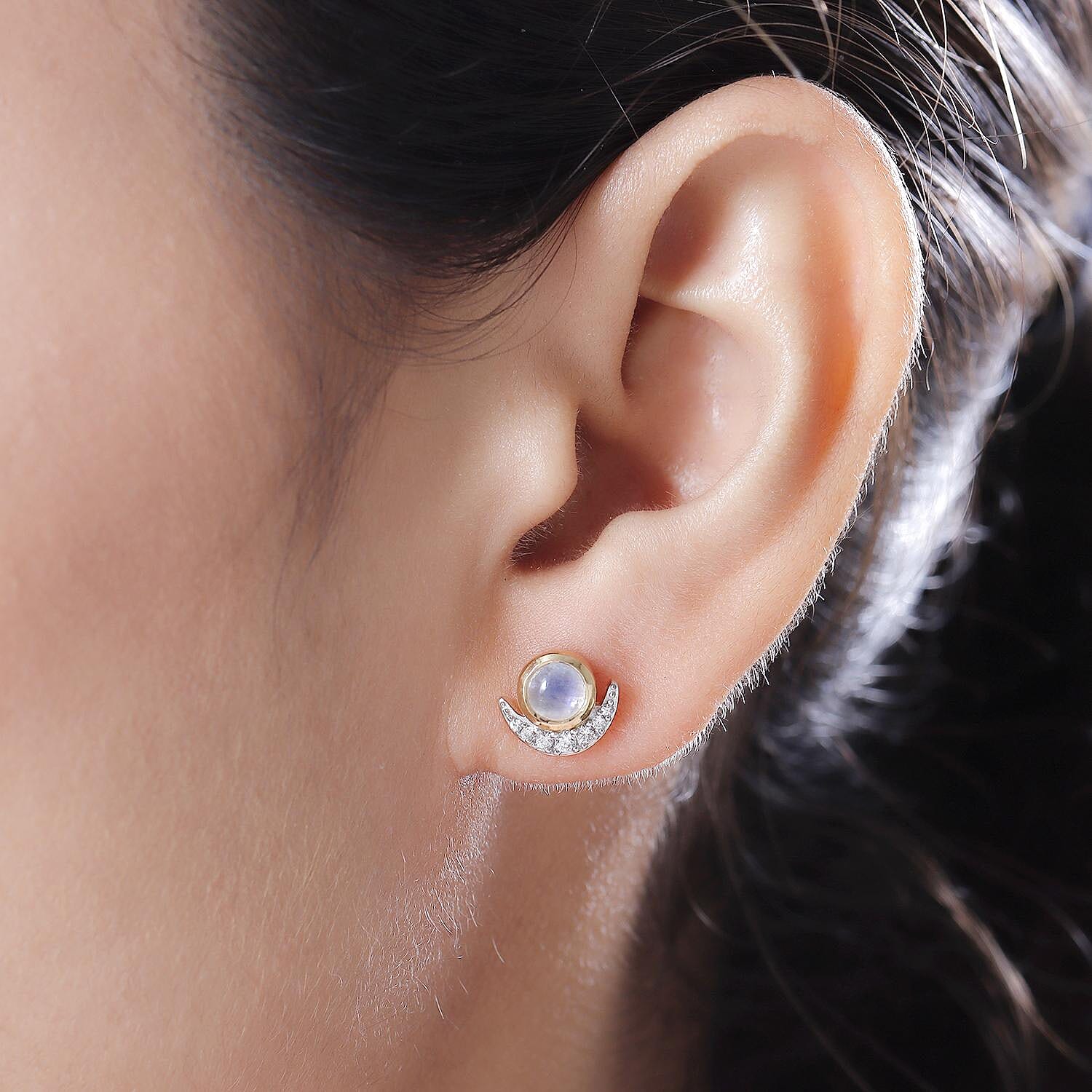 Rainbow Moonstone and Natural Zircon Stud Earrings (with Push Back) in 18K Yellow Gold Vermeil Plated Sterling Silver 1.49 Ct.