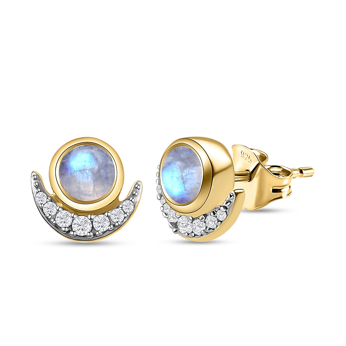 Rainbow Moonstone and Natural Zircon Stud Earrings (with Push Back) in 18K Yellow Gold Vermeil Plated Sterling Silver 1.49 Ct.