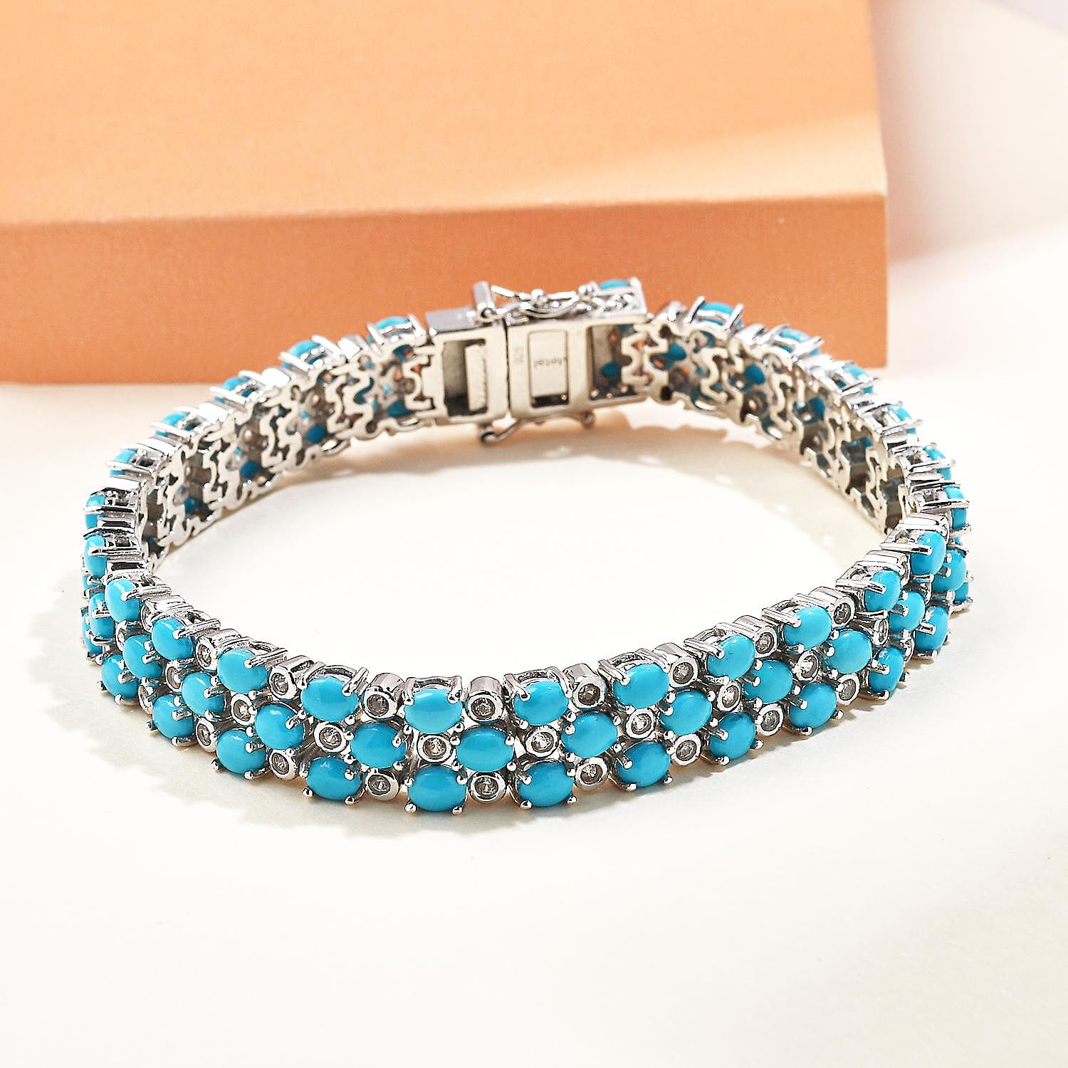 Arizona Sleeping Beauty Turquoise and Natural Cambodian Zircon Bracelet (Size - 7.5) in Platinum Overlay Sterling Silver 14.80 Ct, Silver Wt. 23.70 Gms