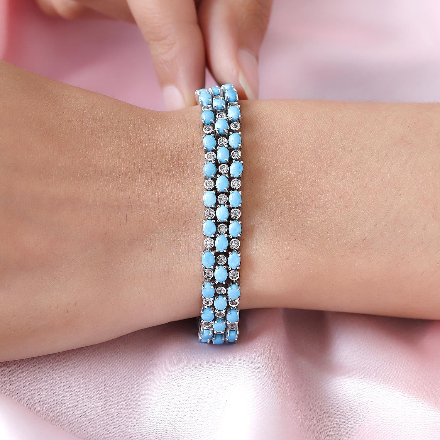 Arizona Sleeping Beauty Turquoise and Natural Cambodian Zircon Bracelet (Size - 7.5) in Platinum Overlay Sterling Silver 14.80 Ct, Silver Wt. 23.70 Gms