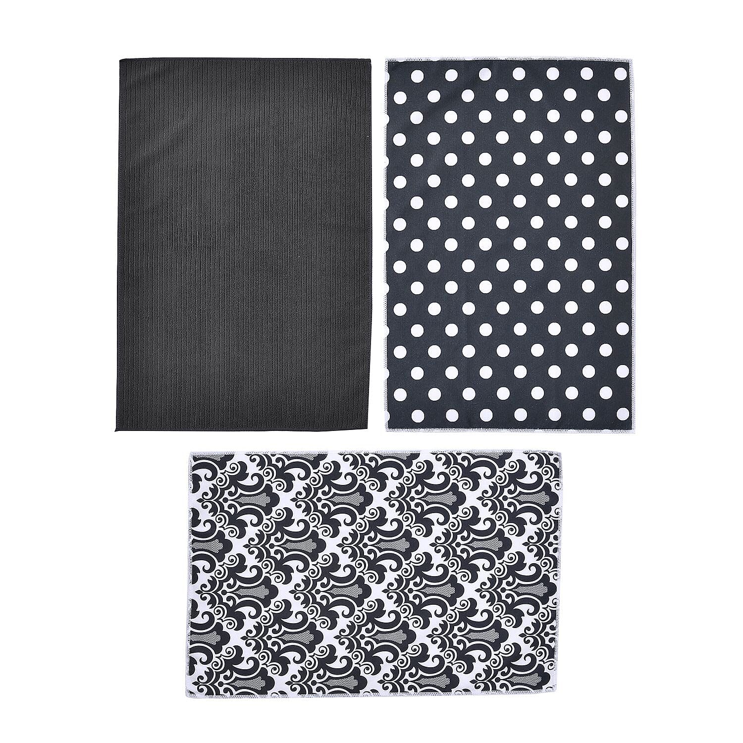 Set of 3 - Microfiber Damask Pattern Kitchen Towels (Size 60x40 Cm) - Black & Multi