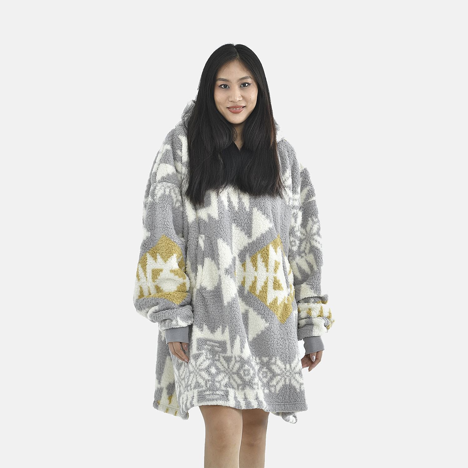 Luxurious Super Soft Sherpa Blanket Hoodie (Over Sized - 194x98Cm)- Grey