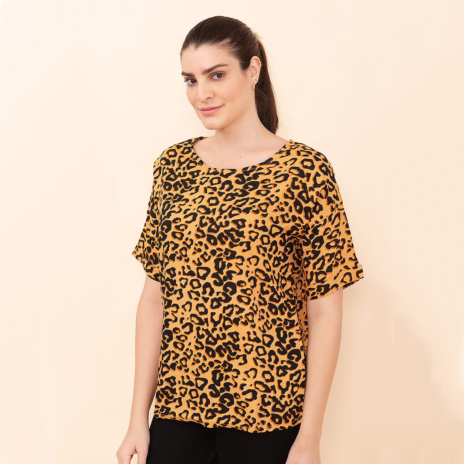 TAMSY 100% Viscose Leopard Pattern Top (Size L) - Mustard