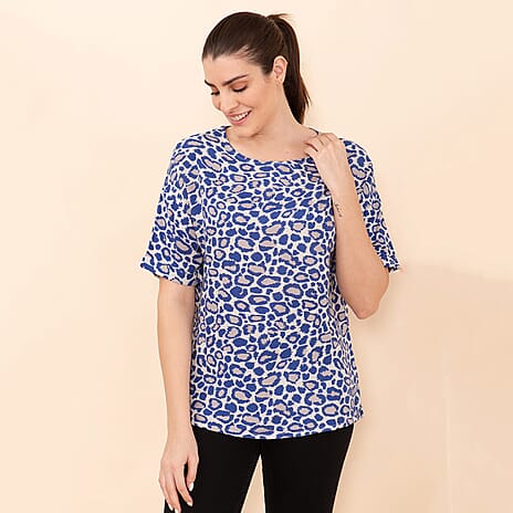 TAMSY 100% Viscose Leopard Pattern Top (Size L) - Off White & Blue