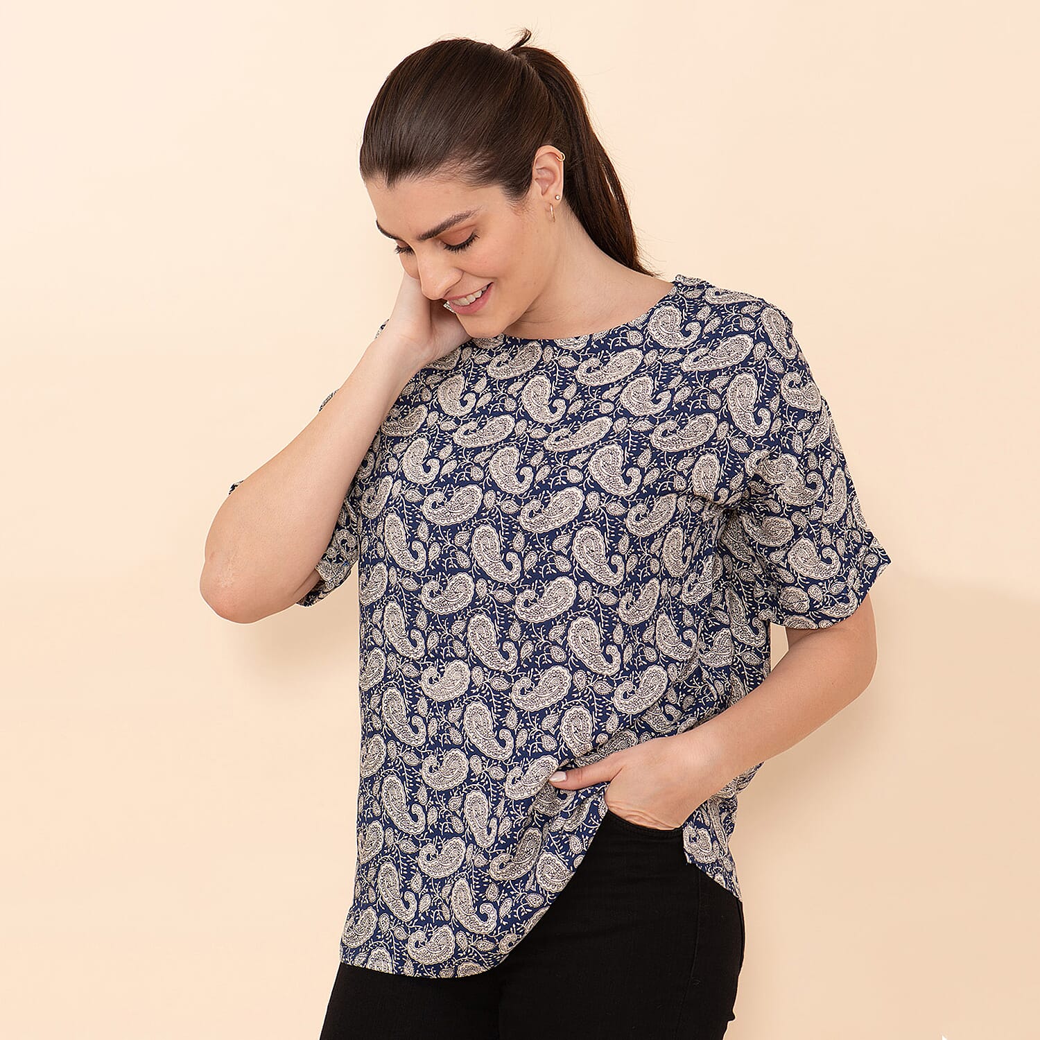 TAMSY 100% Viscose Paisley Pattern Top (Size S) - Blue