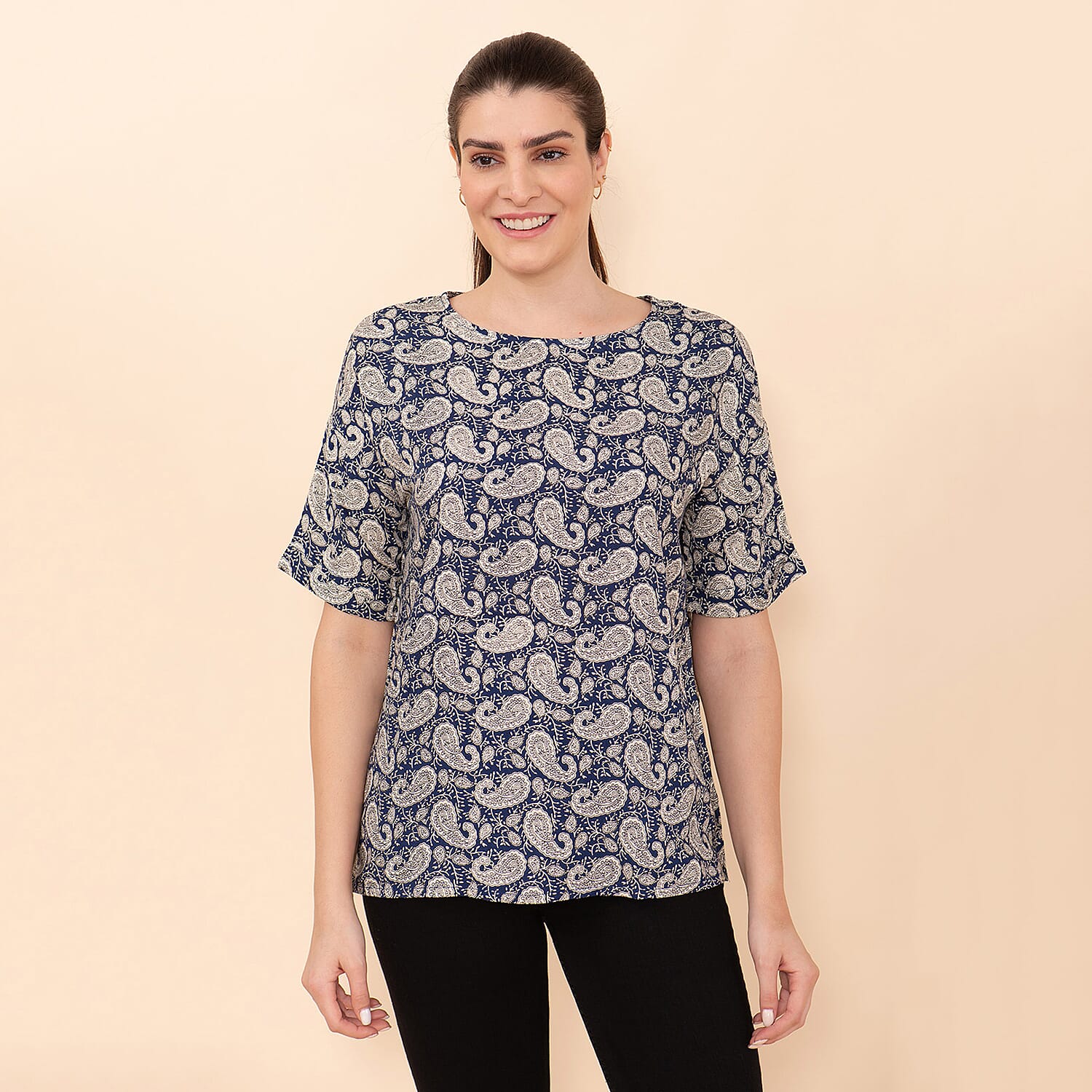 TAMSY 100% Viscose Paisley Pattern Top (Size S) - Blue