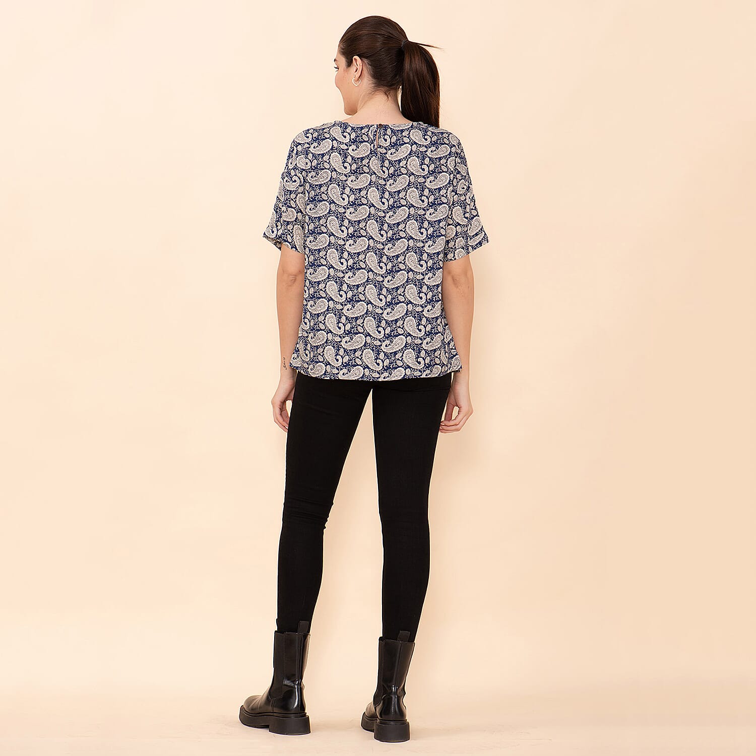 TAMSY 100% Viscose Paisley Pattern Top (Size S) - Blue