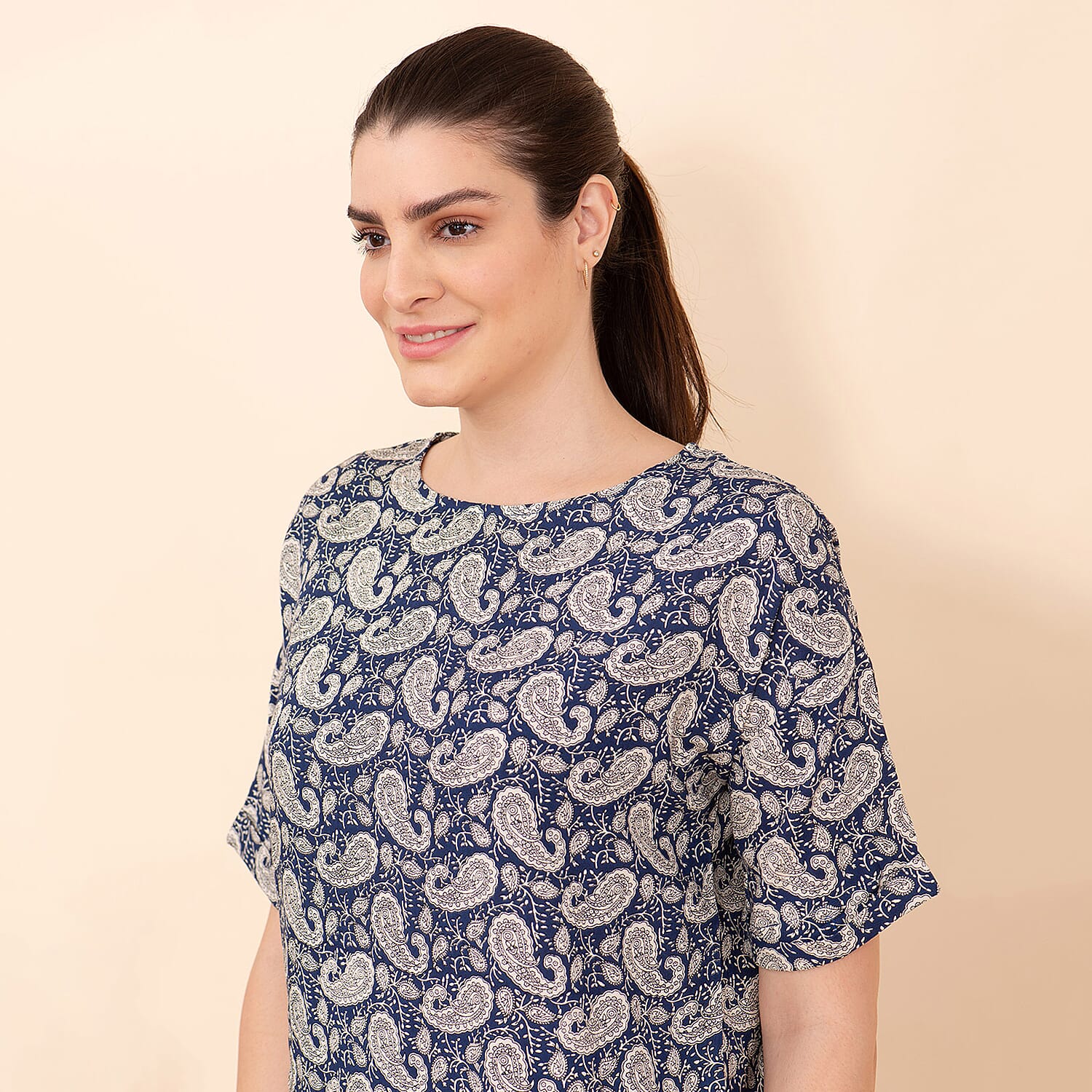 TAMSY 100% Viscose Paisley Pattern Top (Size S) - Blue