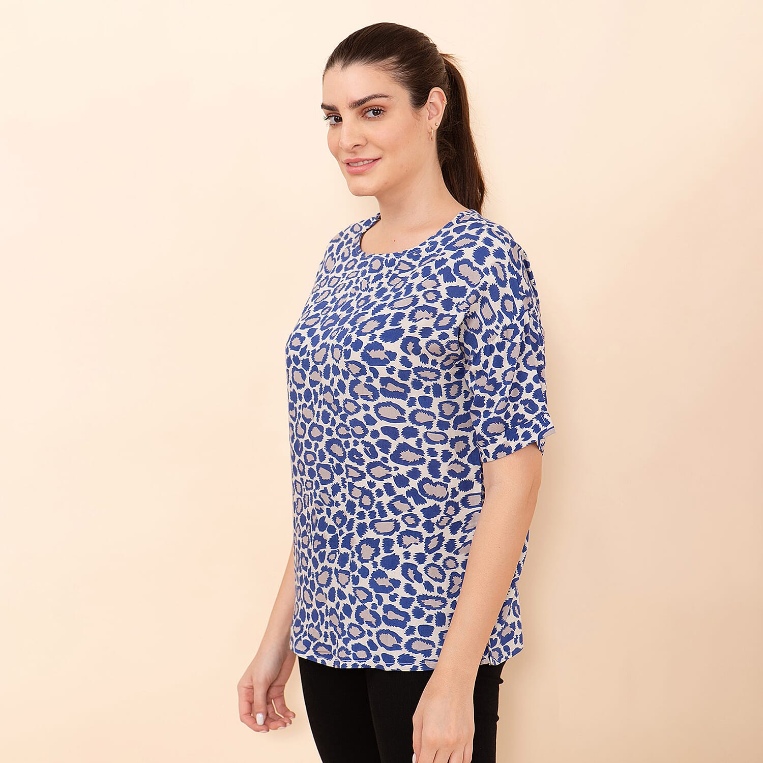 TAMSY 100% Viscose Leopard Pattern Top (Size XL) - Off White & Blue