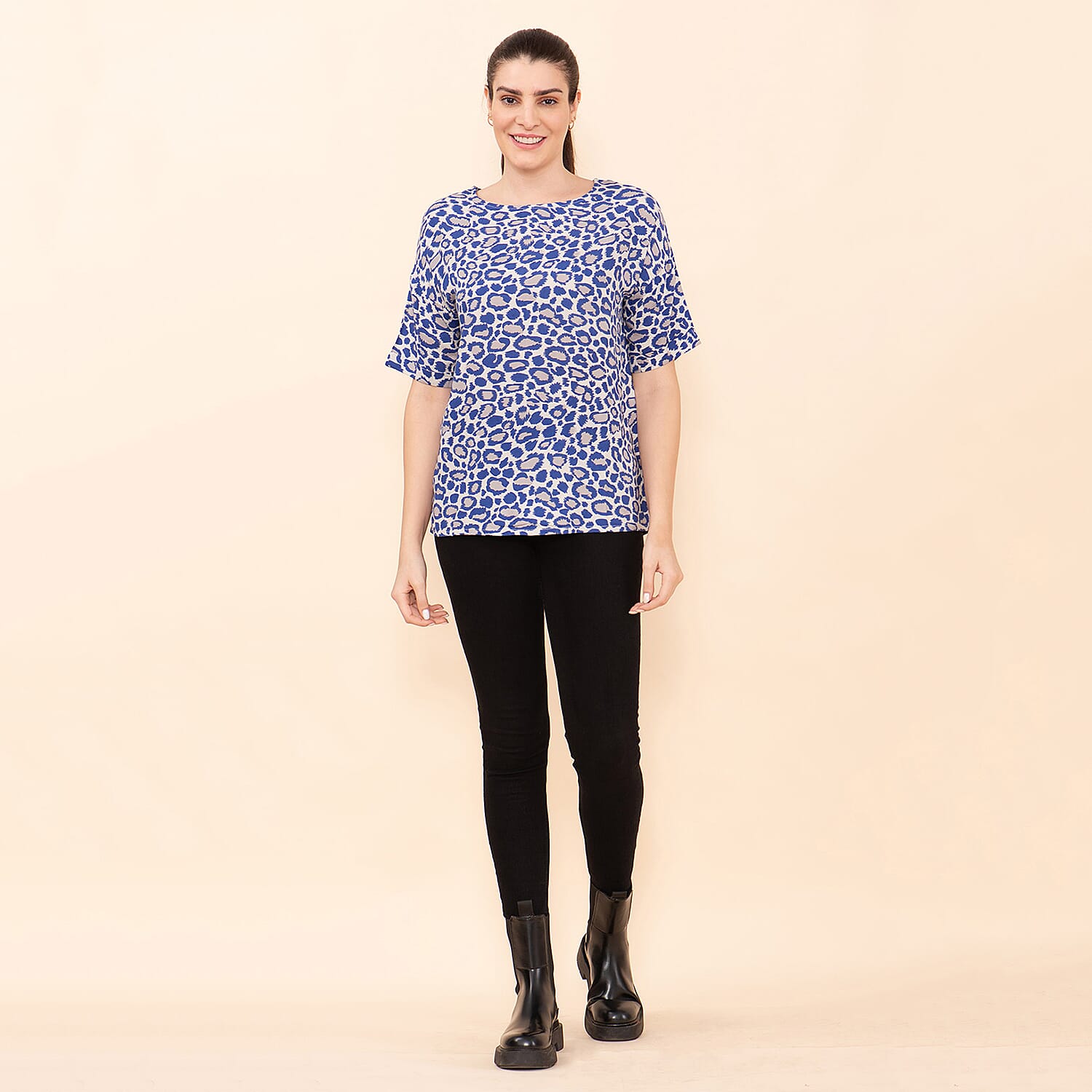 TAMSY 100% Viscose Leopard Pattern Top (Size XL) - Off White & Blue