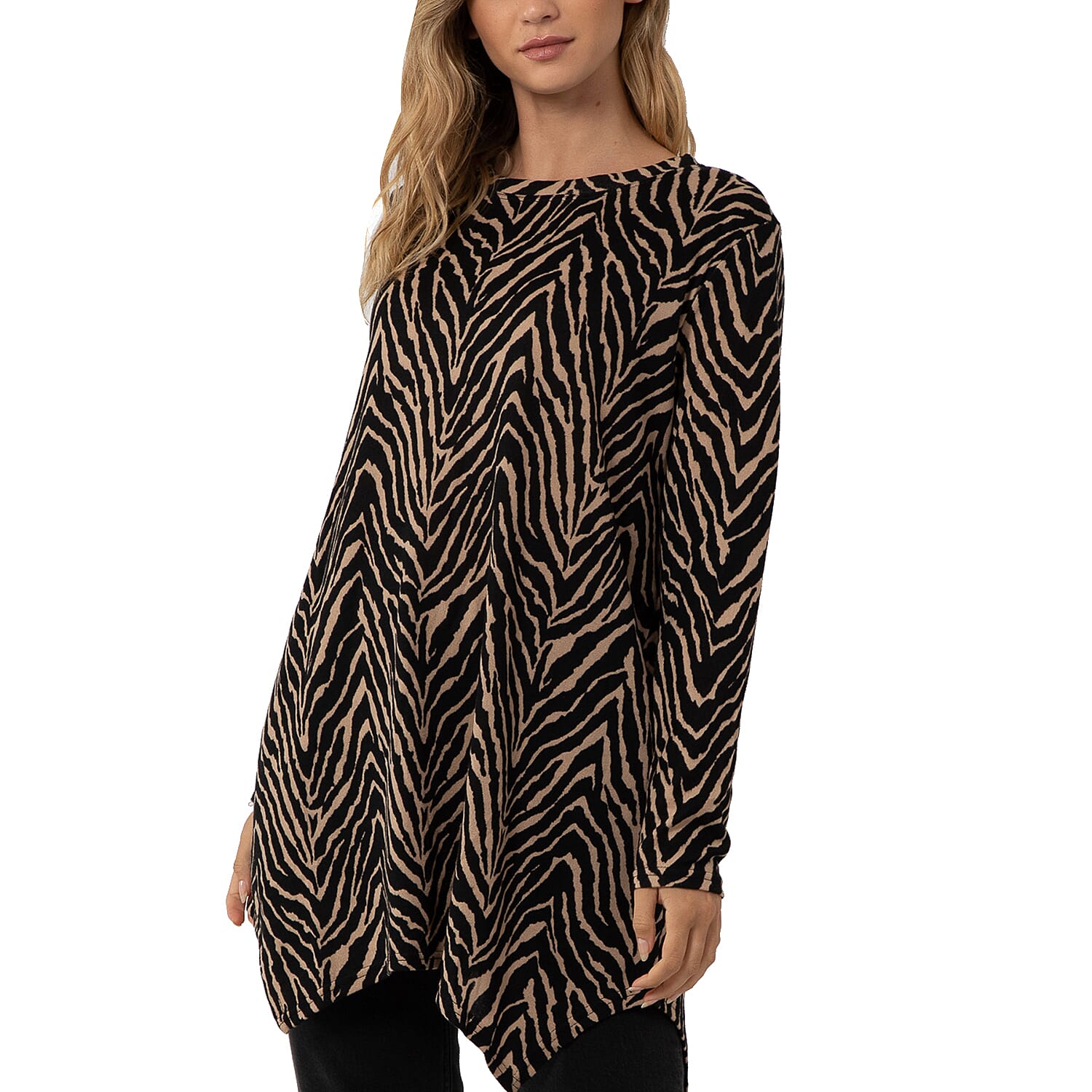 TAMSY Zebra Print Tunic Top - Black and Camel