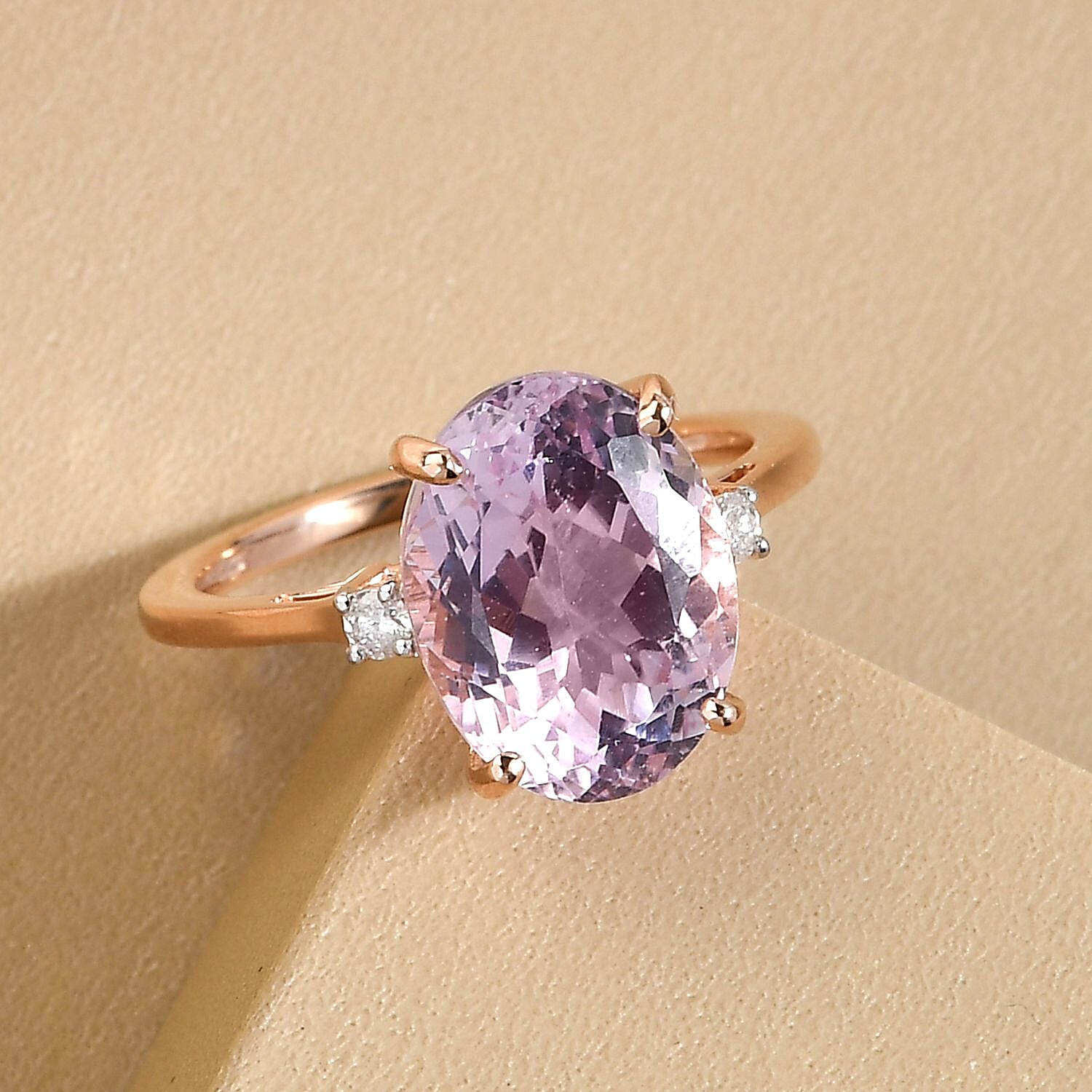 9K Rose Gold Kunzite and Diamond Ring 5.29 Ct.
