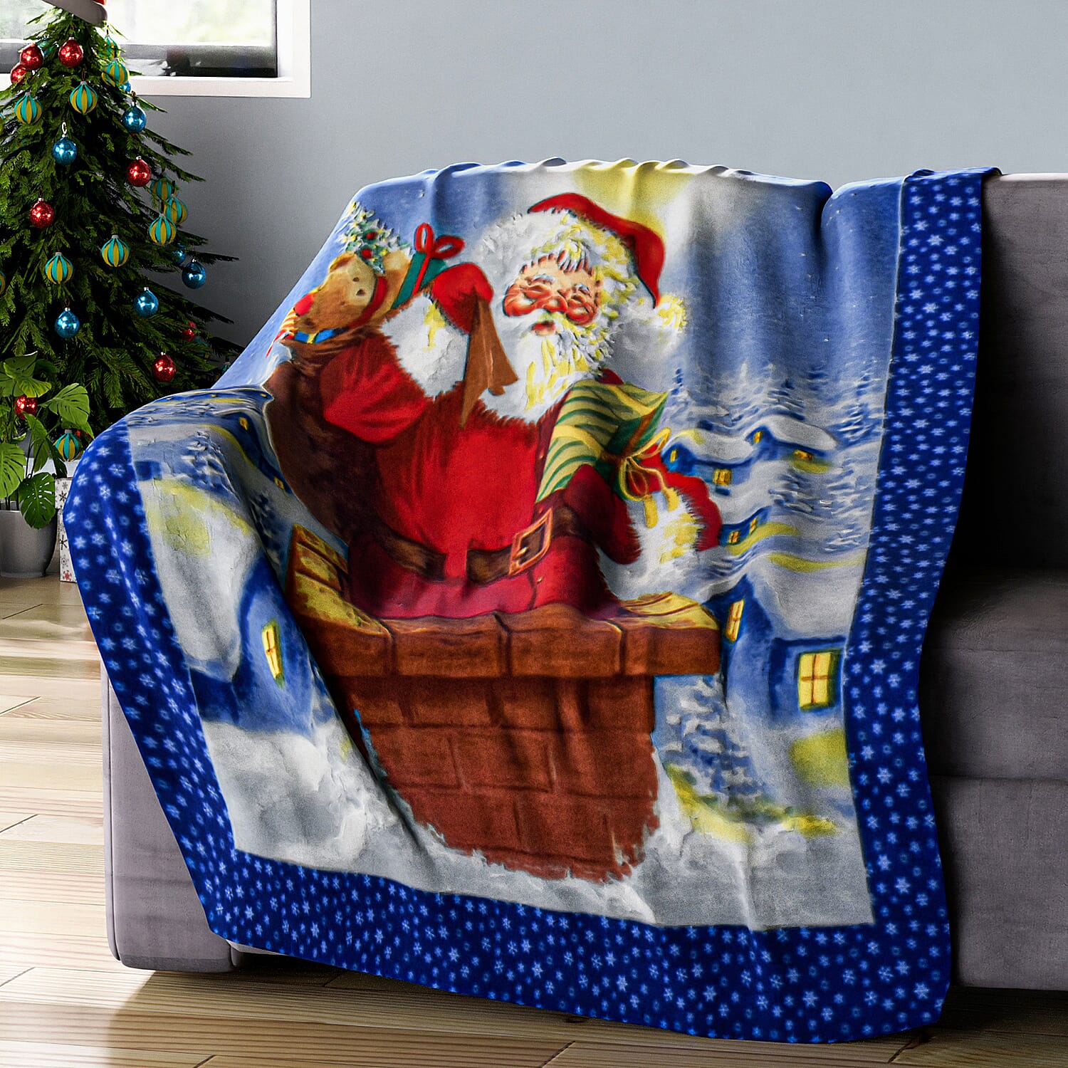 Santa Claus Pattern Christmas Blanket (Size 170x130 Cm) - Blue, Red and Multi