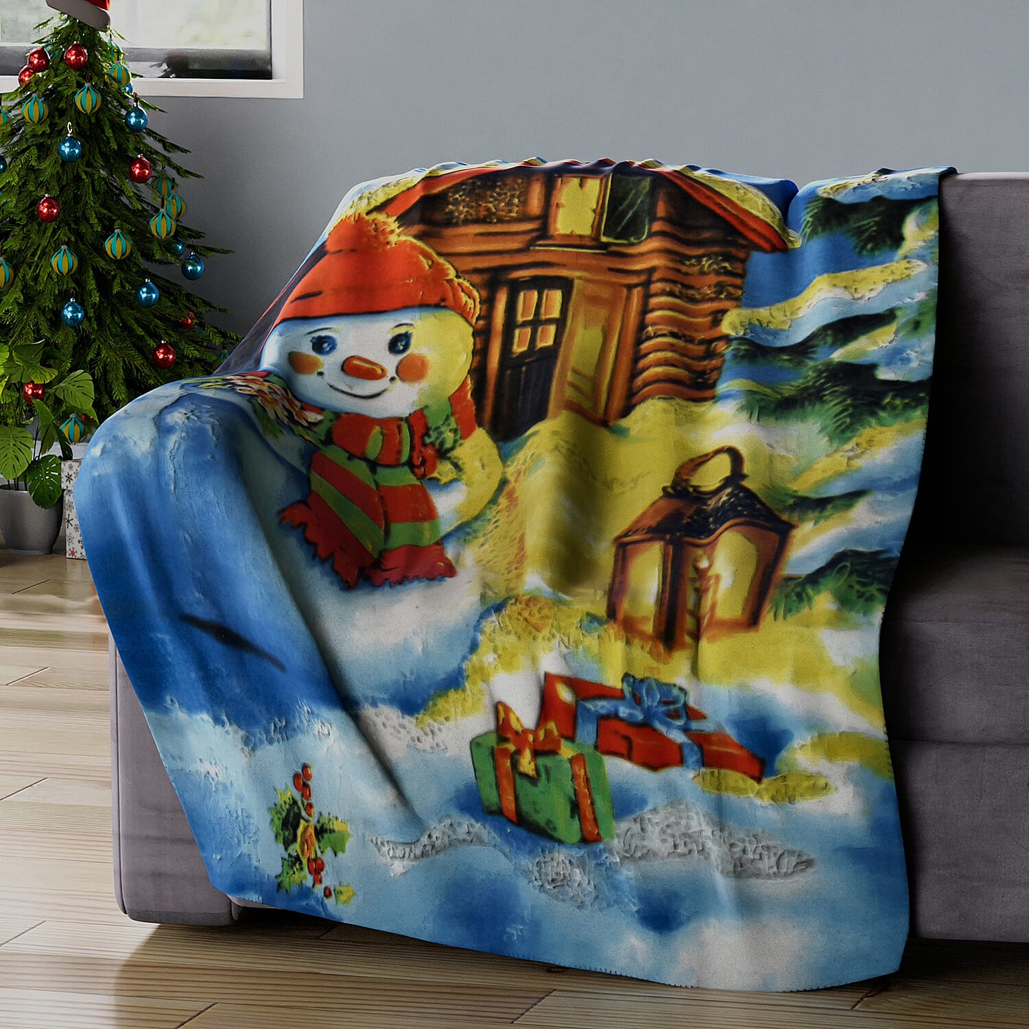 Snow Man with Lantern Pattern Christmas Blanket (Size 170x130 Cm) - Blue, Yellow and Brown