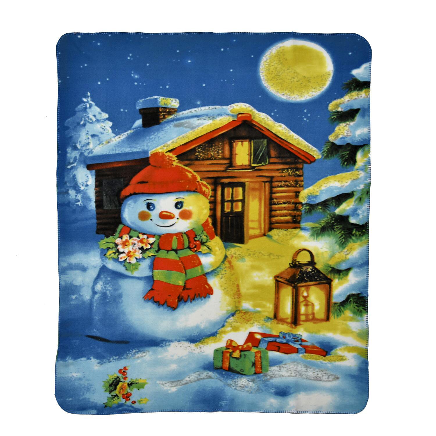 Snow Man with Lantern Pattern Christmas Blanket (Size 170x130 Cm) - Blue, Yellow and Brown