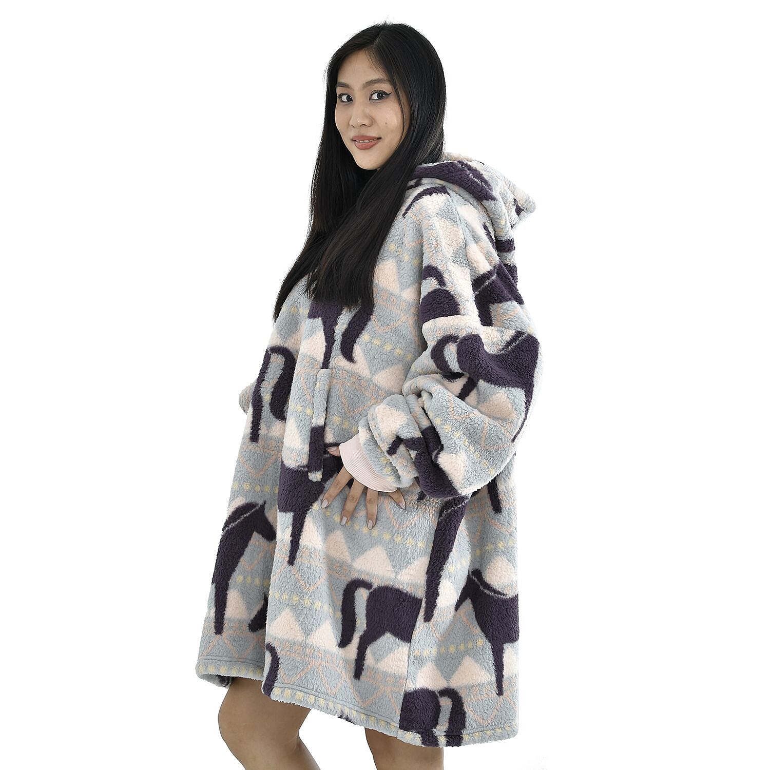 TJC Horse Pattern Single Layer Sherpa Hoodie (Size 194x98 Cm) - Blue