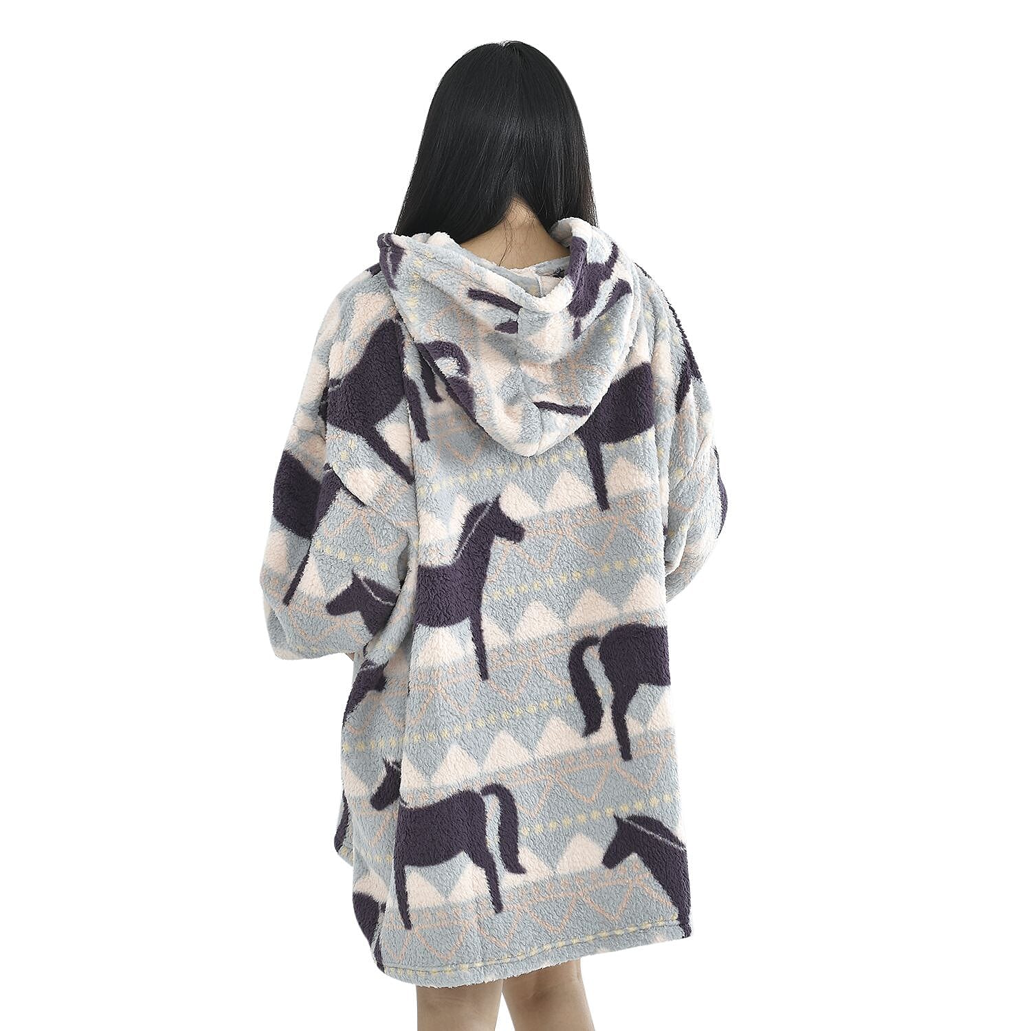 TJC Horse Pattern Single Layer Sherpa Hoodie (Size 194x98 Cm) - Blue