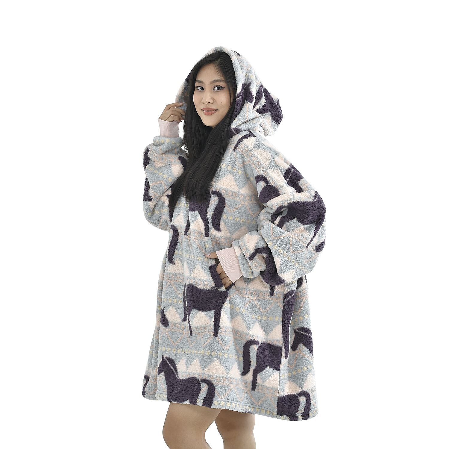 TJC Horse Pattern Single Layer Sherpa Hoodie (Size 194x98 Cm) - Blue