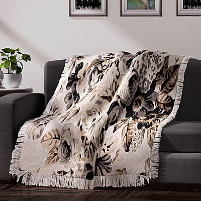 100% Cotton Slub Digital Printed Throw Blanket with Frill - Ivory