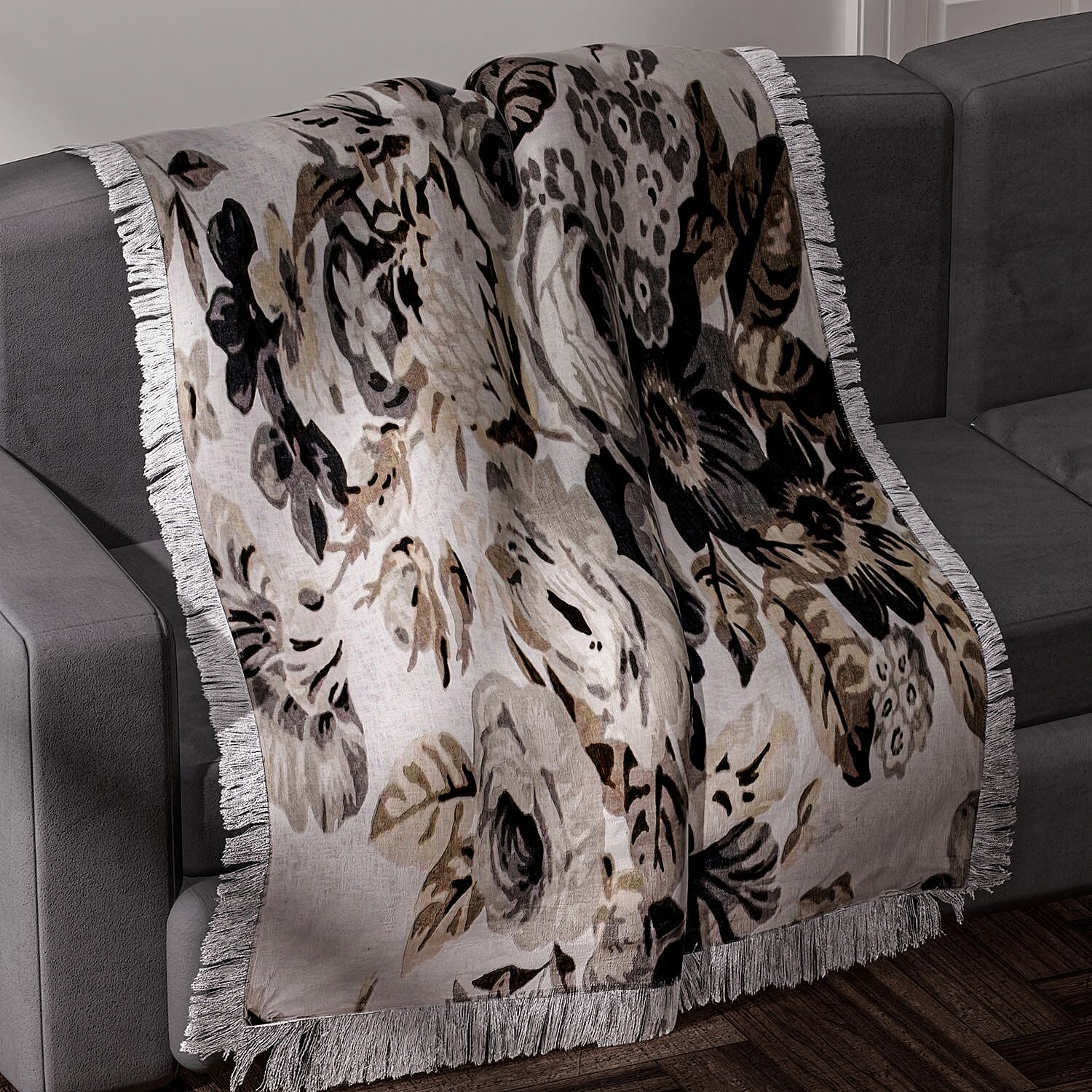 100% Cotton Slub Digital Printed Throw Blanket with Frill (Size 180x130 Cm) - Ivory & Black